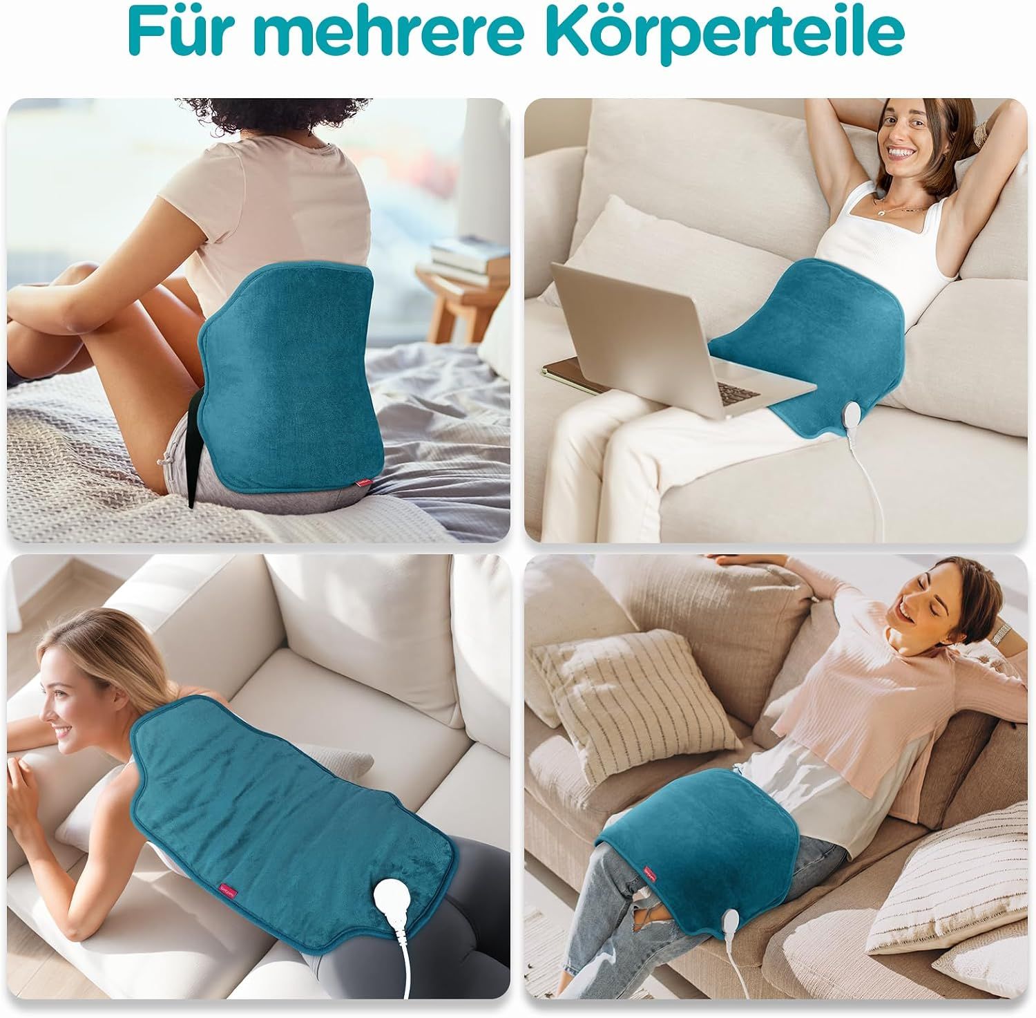 Vier Szenen, die die Anwendung eines blauen Heizkissens an verschiedenen Körperteilen zeigen.