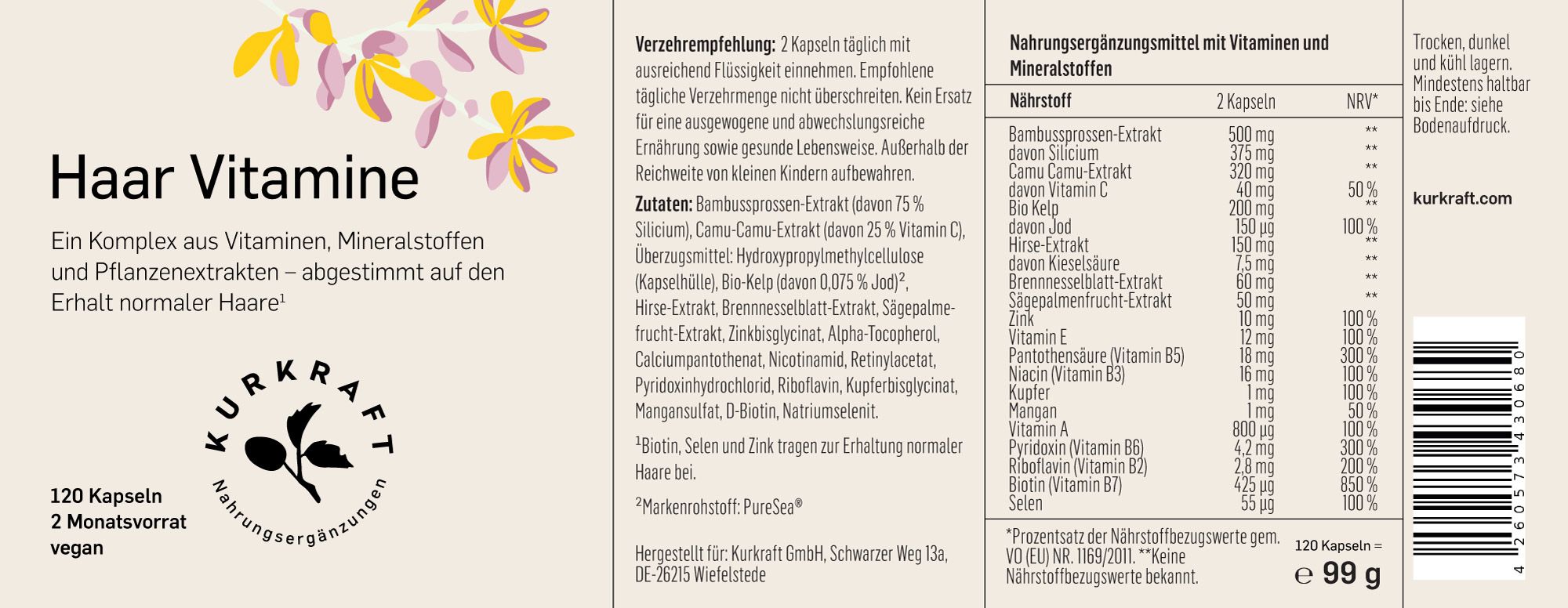 Etikett einer Haar Vitamine Flasche. Text: 120 Kapseln, 2 Monatsvorrat, vegan. Inhaltsstoffe und Nährwerte.