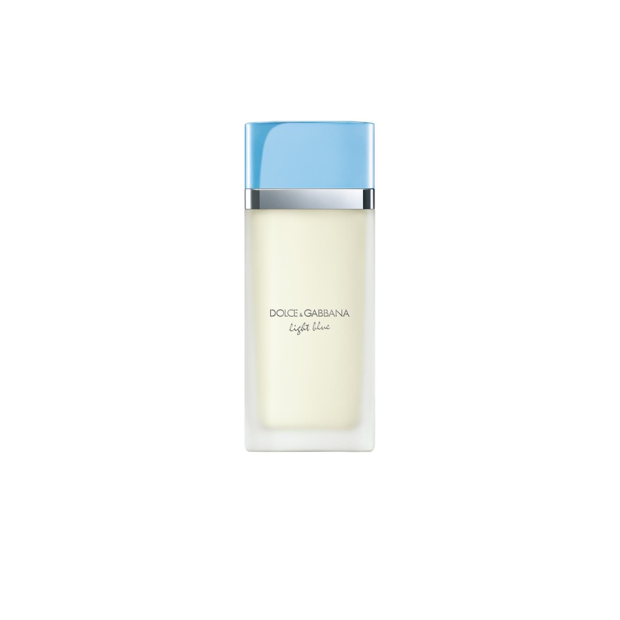 Rechteckiger Flakon mit hellblauem Deckel. Aufschrift: Dolce & Gabbana Light Blue.