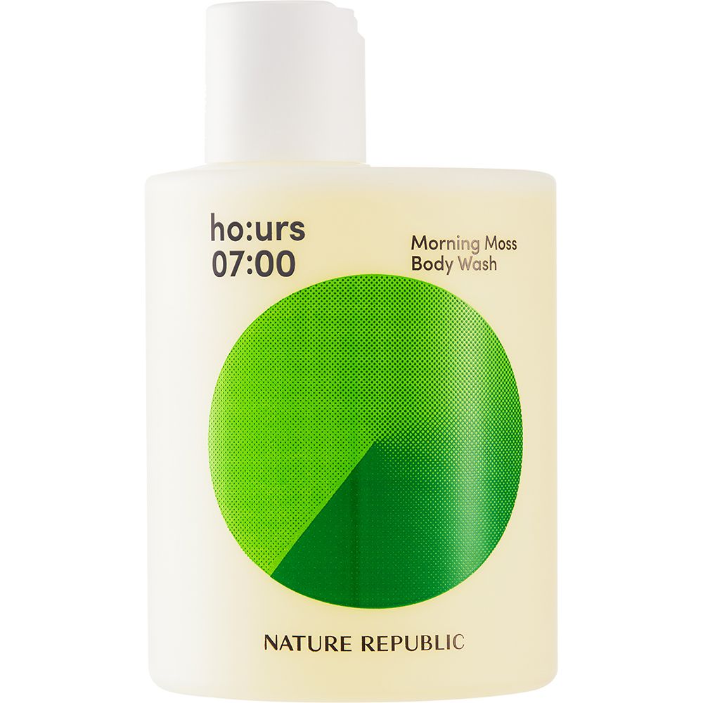 Körperwaschgel-Flasche. Weißes, rechteckiges Design mit grünem Kreis und Text. Marke: NATURE REPUBLIC, Produktname: Morning Moss Body Wash.
