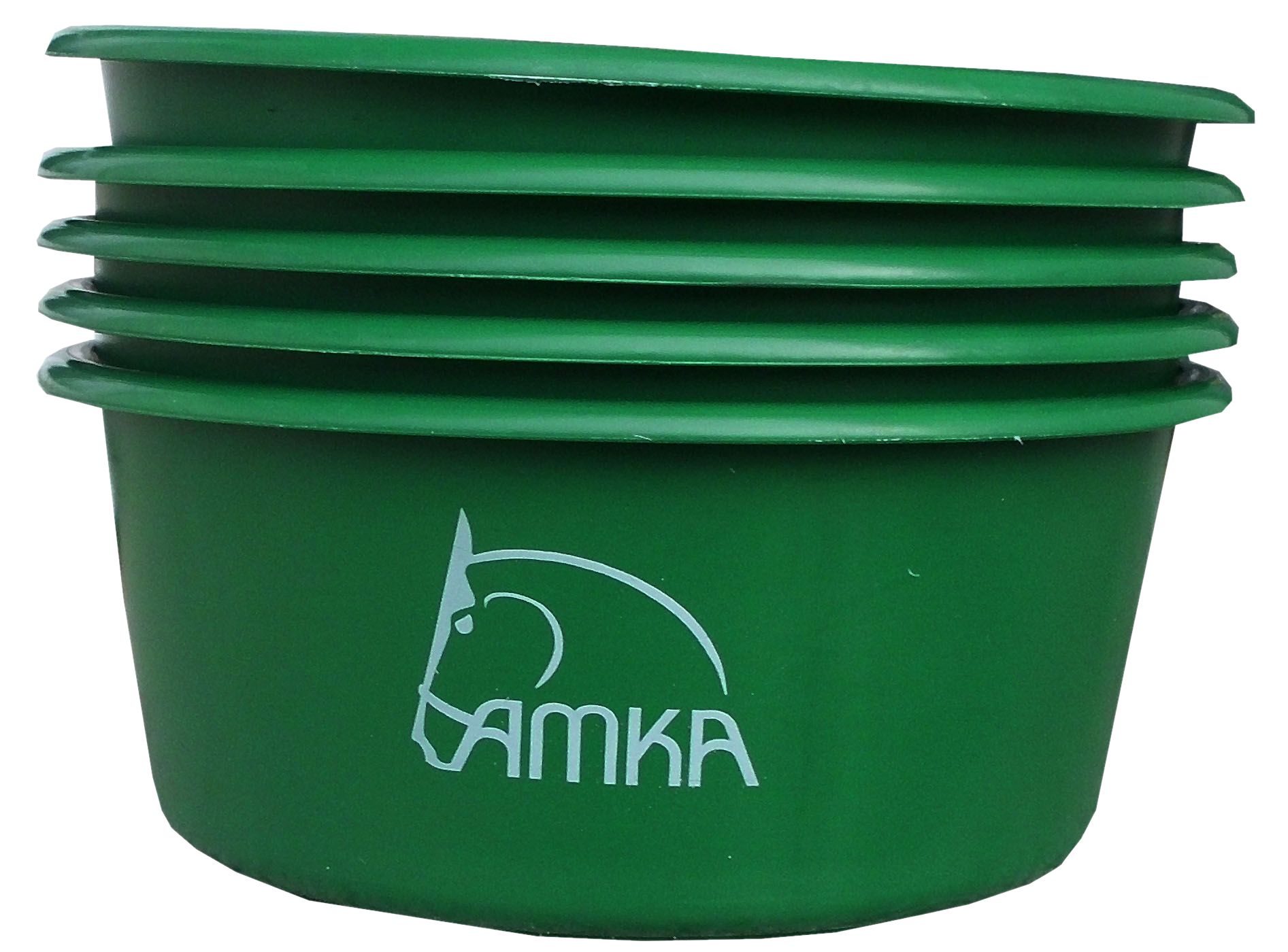 Grüne Futterschalen, gestapelt. Logo AMKA mit Pferdekopf. Kunststoff.