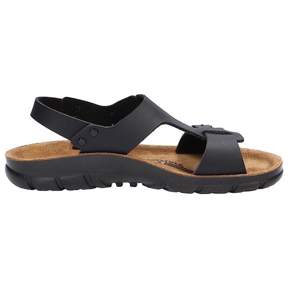 Schwarze Sandale mit Riemen und Schnallen. Korkfußbett, schwarze Sohle. Birkenstock-Logo sichtbar.