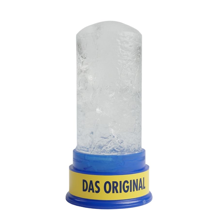 Kristallförmiges Produkt mit blauem Sockel und gelbem Band mit "DAS ORIGINAL"-Schriftzug.