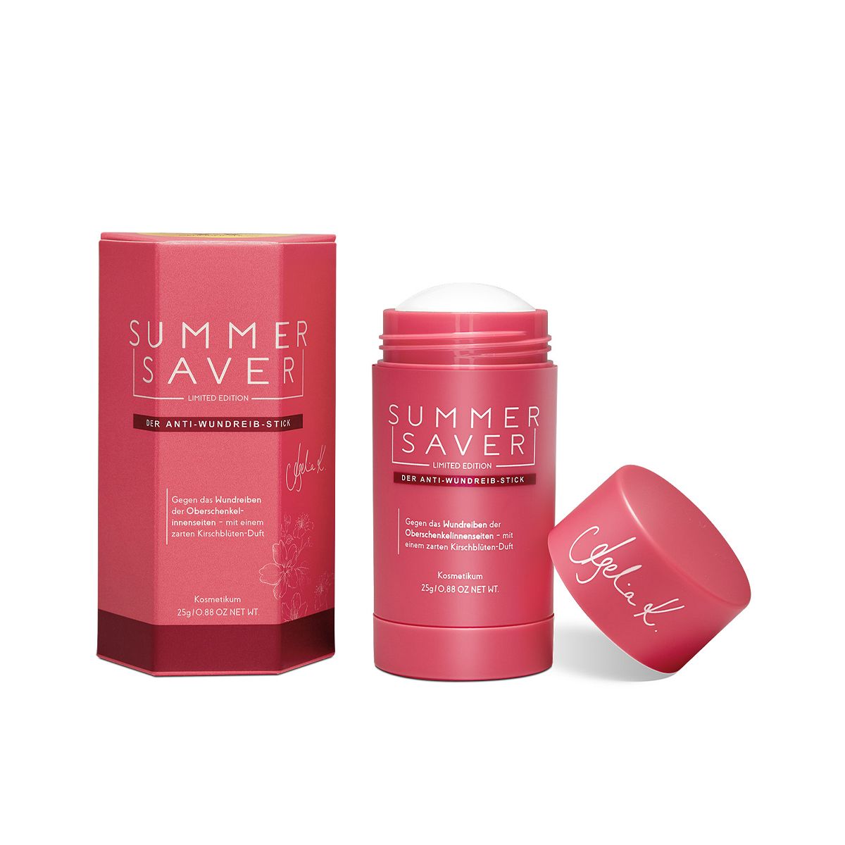 Rosa Anti-Wundreib-Stick mit Deckel und Verpackung. Aufschrift: SUMMER SAVER LIMITED EDITION. Mit floralem Design und Schriftzug.