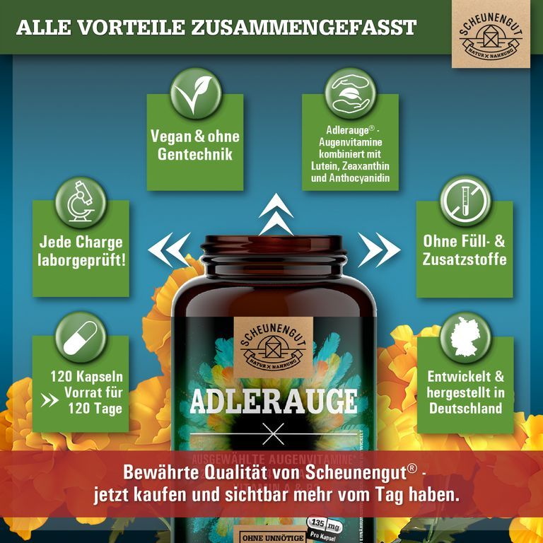 Scheunengut ADLERAUGE Dose umgeben von Icons: Vegan, Laborgeprüft, 120 Kapseln, Made in Germany.