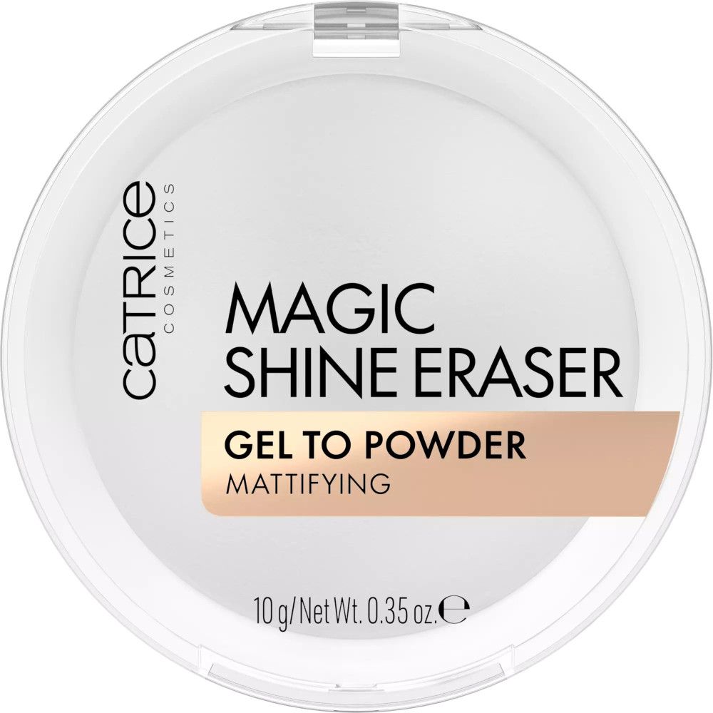Runder, weißer Behälter mit transparentem Deckel. Aufschrift: Catrice, Magic Shine Eraser, Gel to Powder, Mattifying. 10 g/Net Wt. 0.35 oz.
