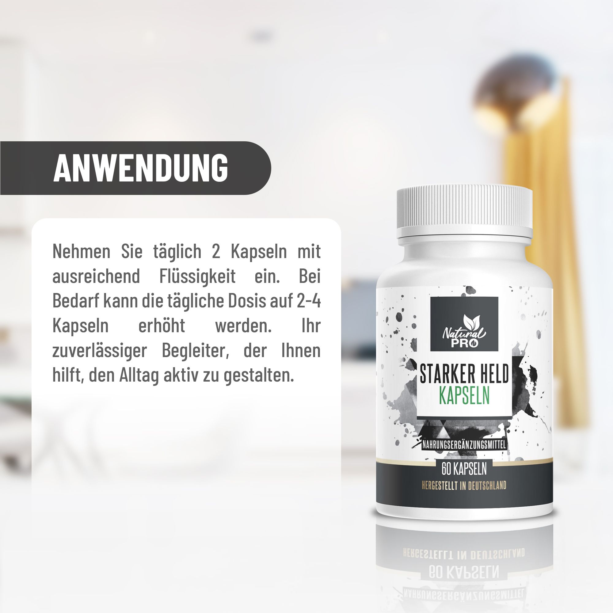 Weiße Flasche mit Etikett. Aufschrift: Starker Held Kapseln, 60 Kapseln, Natural Pro. Text über Anwendung.