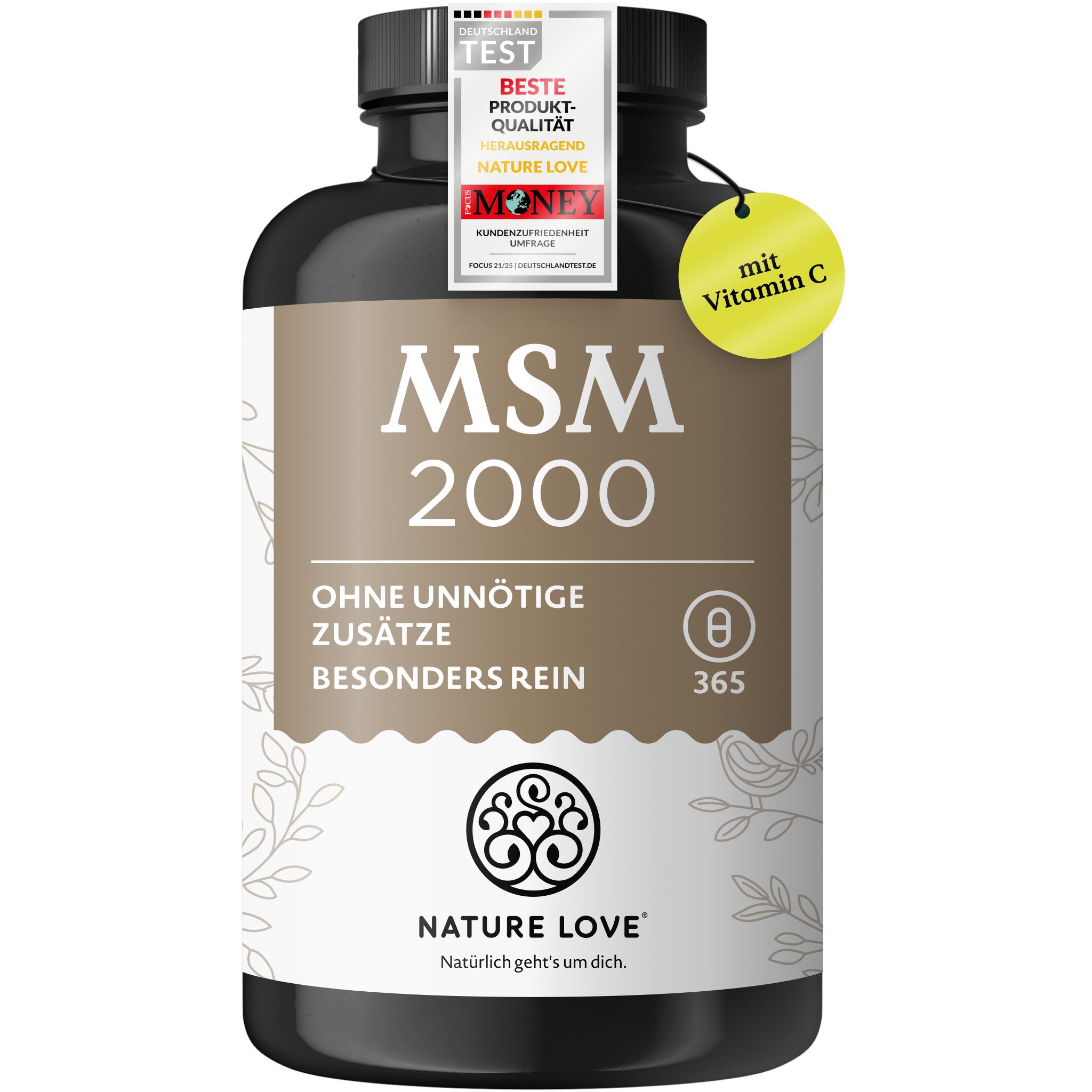 Flasche mit MSM 2000 Tabletten, mit Vitamin C. Deutschland Test: Beste Produktqualität.