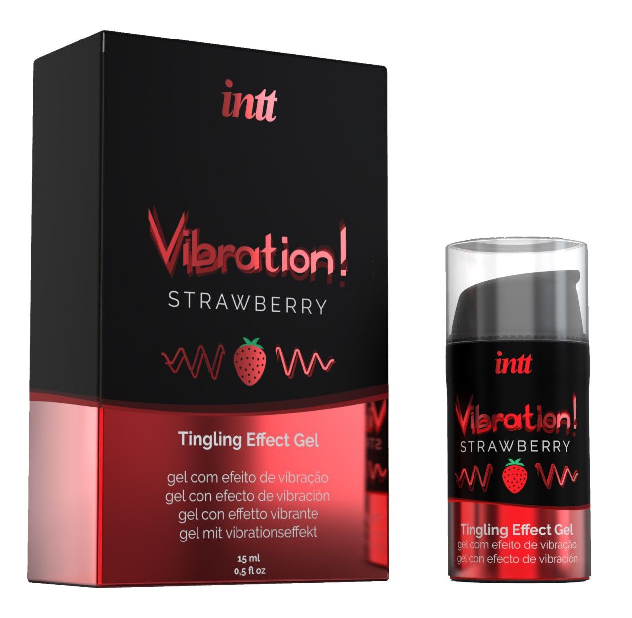 Produktverpackung und Flasche. Produktname: Vibration! Strawberry Tingling Effect Gel. Marke: INTT. Schwarze Verpackung und Flasche.