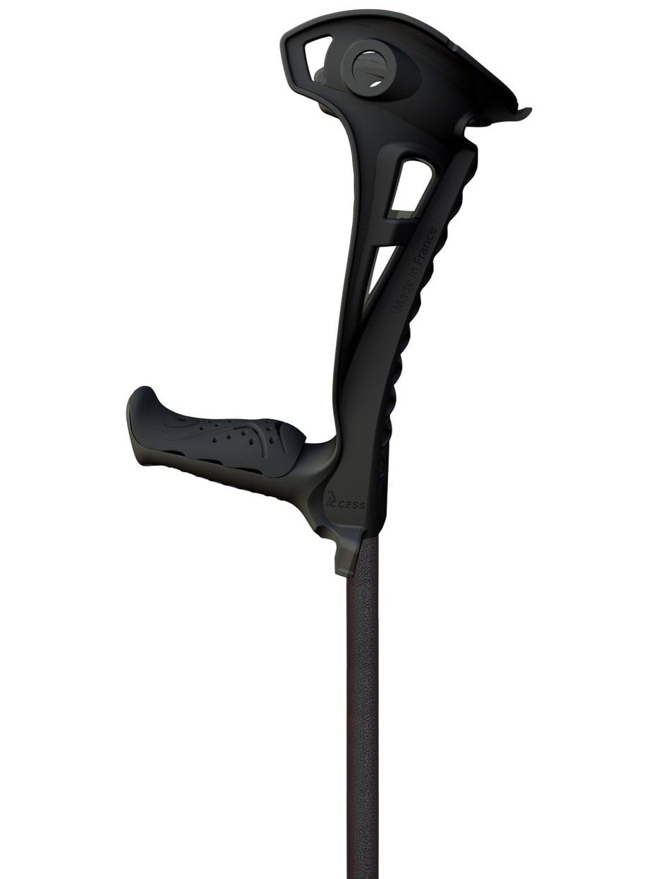 Schwarze Unterarmgehstütze. Ergonomischer Griff, Armauflage mit Löchern. Stab aus Metall.