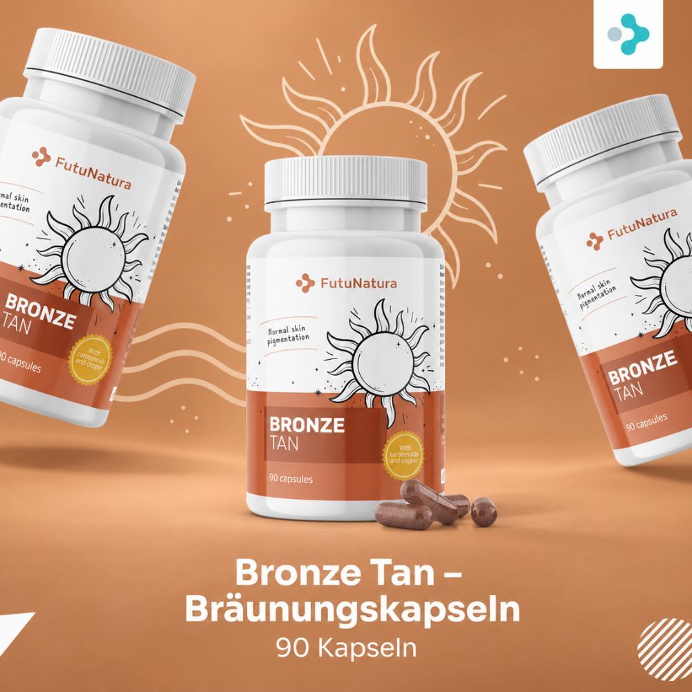 FutuNatura Bronze Tan Bräunungskapseln, 90 Kapseln, mit Sonnensymbol.