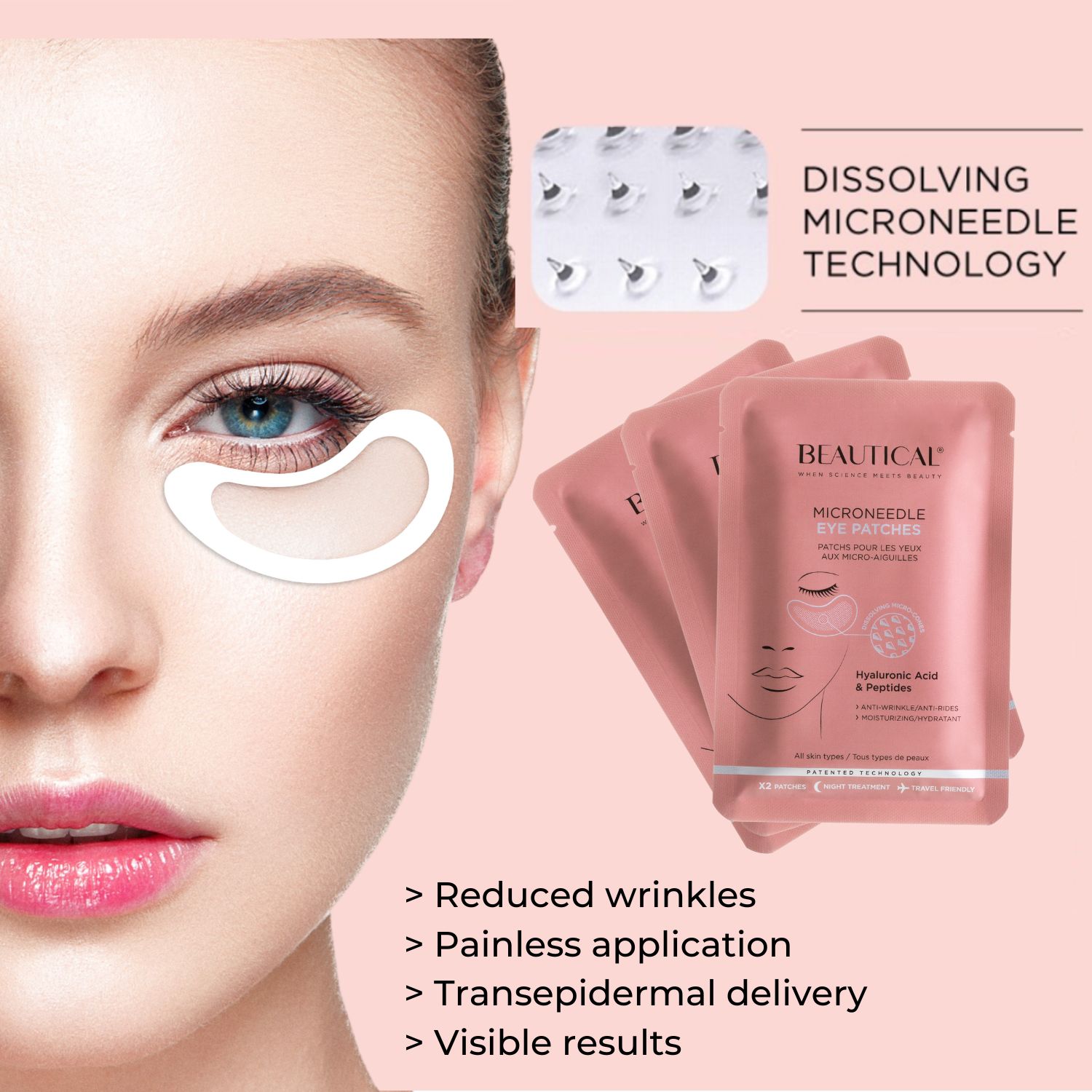 Frau mit BEAUTICAL Mikronadel-Augenpads. Drei rosa Verpackungen. Text: Mikronadel-Technologie, reduziert Falten.