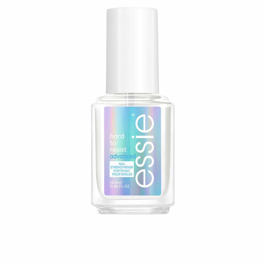 Essie Hard to Resist Nagelhärter. Klare Flasche mit weißem Deckel. Etikett mit Produktnamen und Volumenangabe.