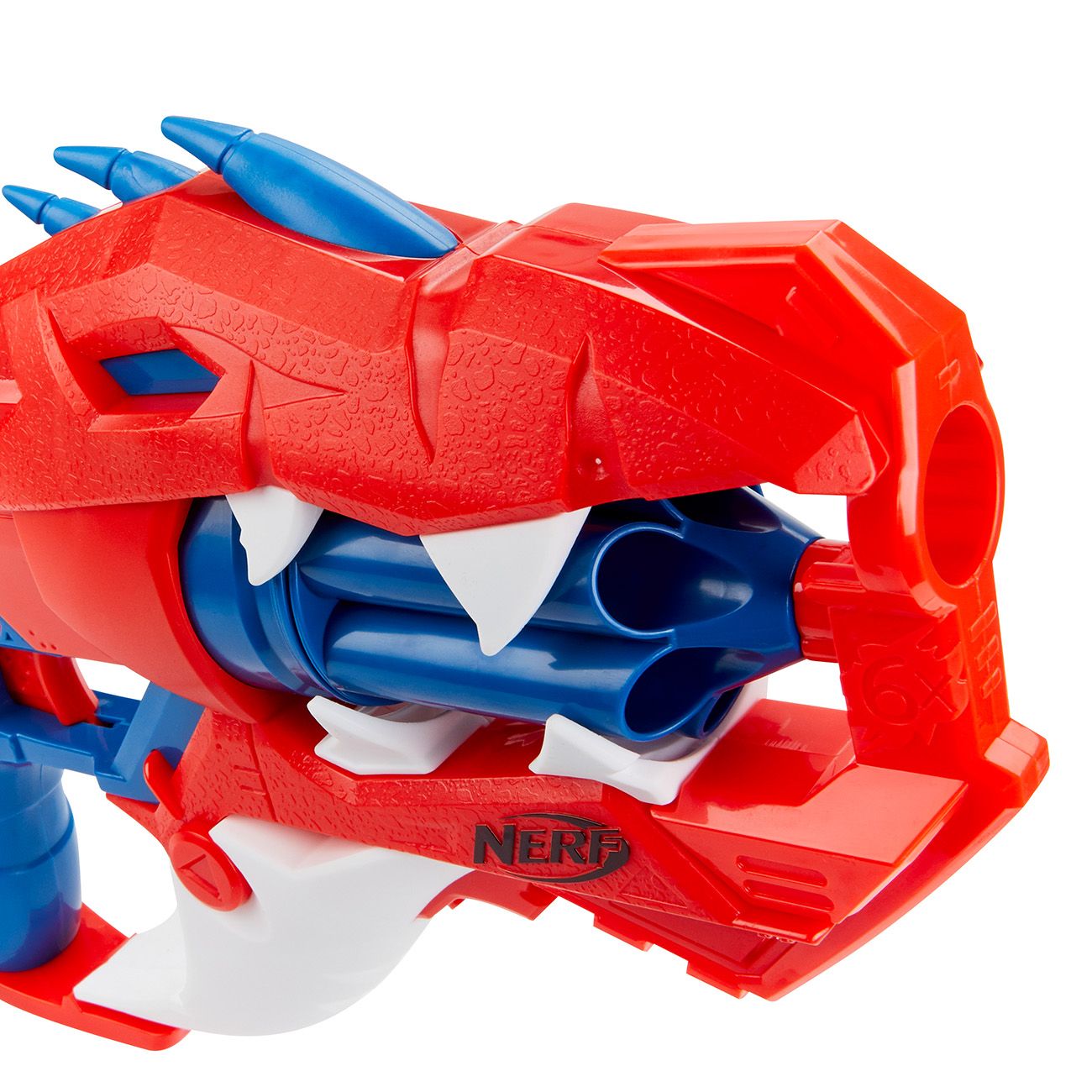 Roter und blauer Nerf-Blaster in Drachenform mit sichtbarem Lauf und Zähnen.