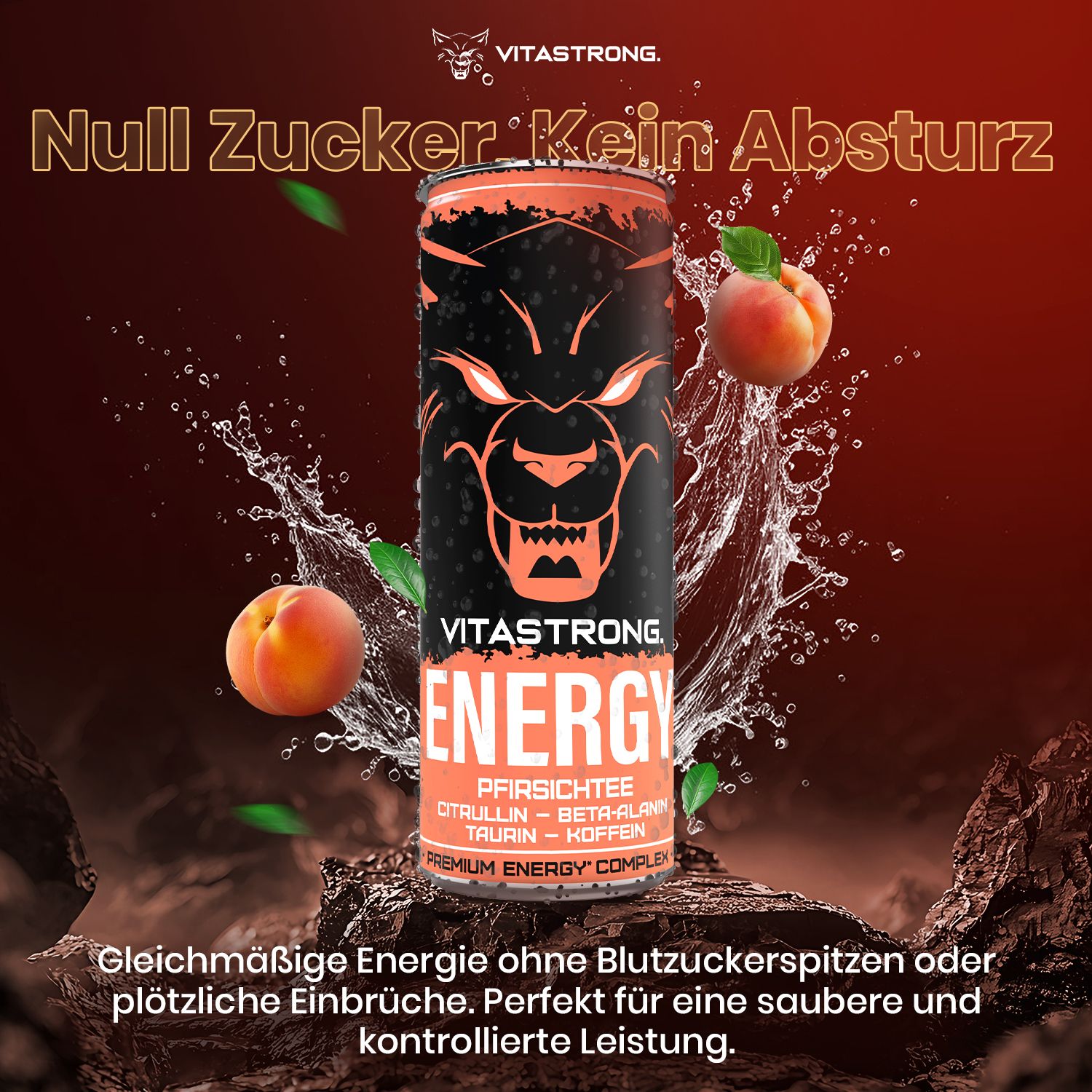 Dose Pfirsichtee mit Wasser. Text: Null Zucker, kein Absturz. Abbildungen: Pfirsiche, Wasser. Text: Energie, ohne Zucker.