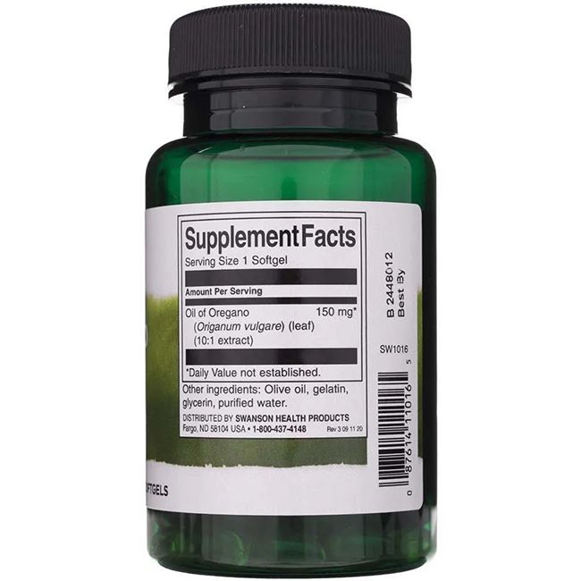 Rückseite der grünen Flasche. Etikett mit "Supplement Facts", Oreganoöl 150 mg, Inhaltsstoffe und Hersteller.