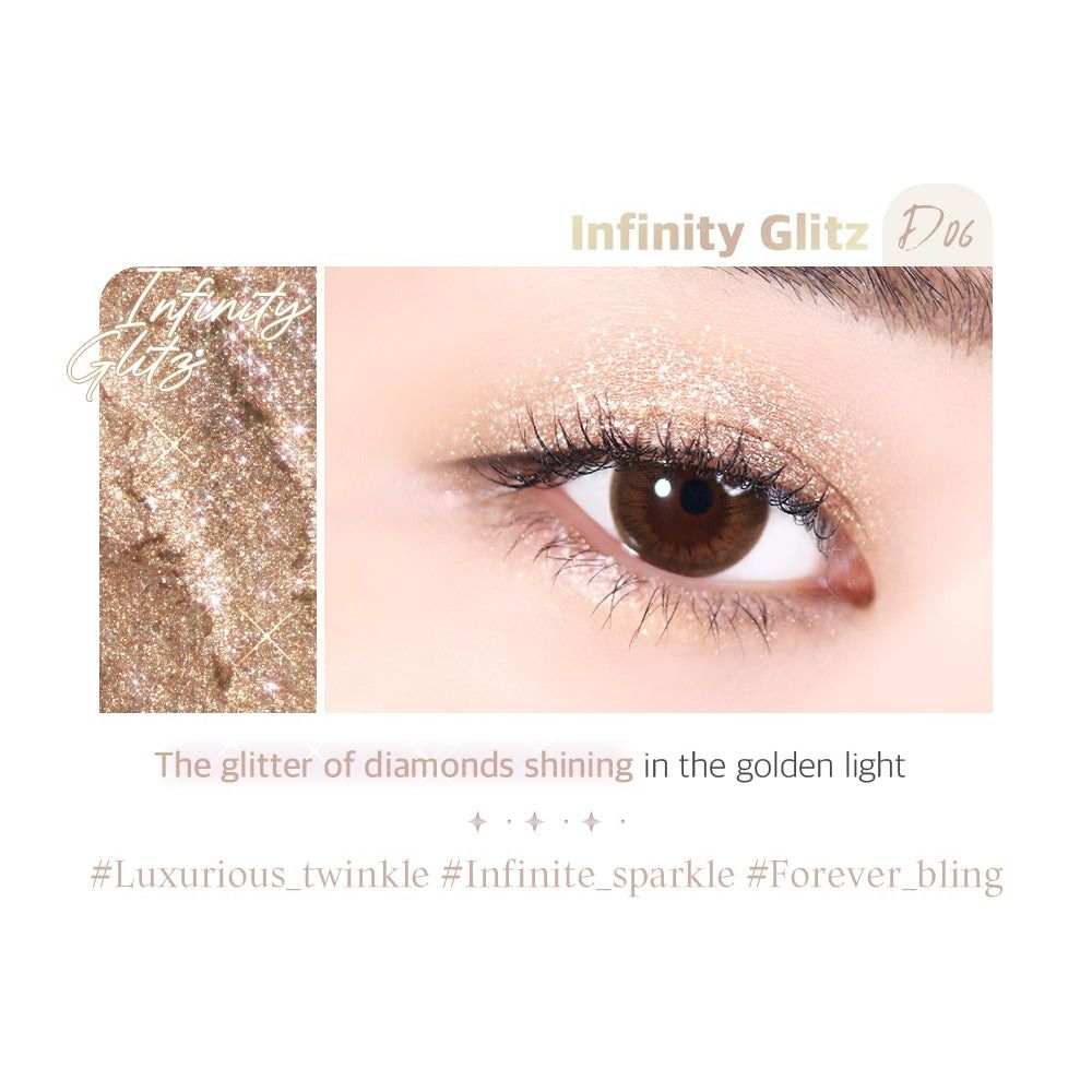 Auge mit goldfarbenem Lidschatten. Text: Infinity Glitz D06. Text: The glitter of diamonds shining in the golden light.