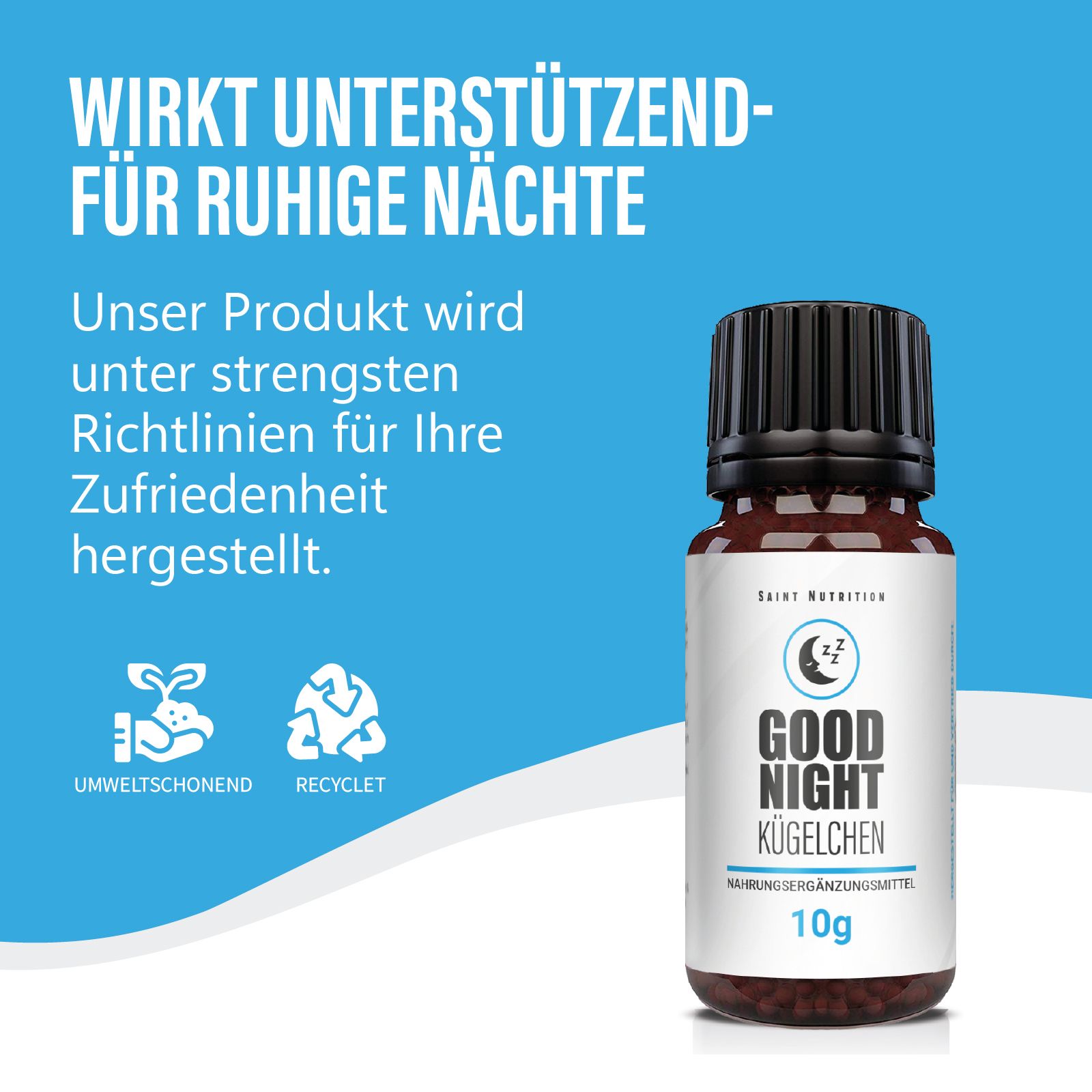 Produktflasche Saint Nutrition Good Night Kügelchen, 10g. Hintergrund blau mit Text: Umweltfreundlich, Recycelt.
