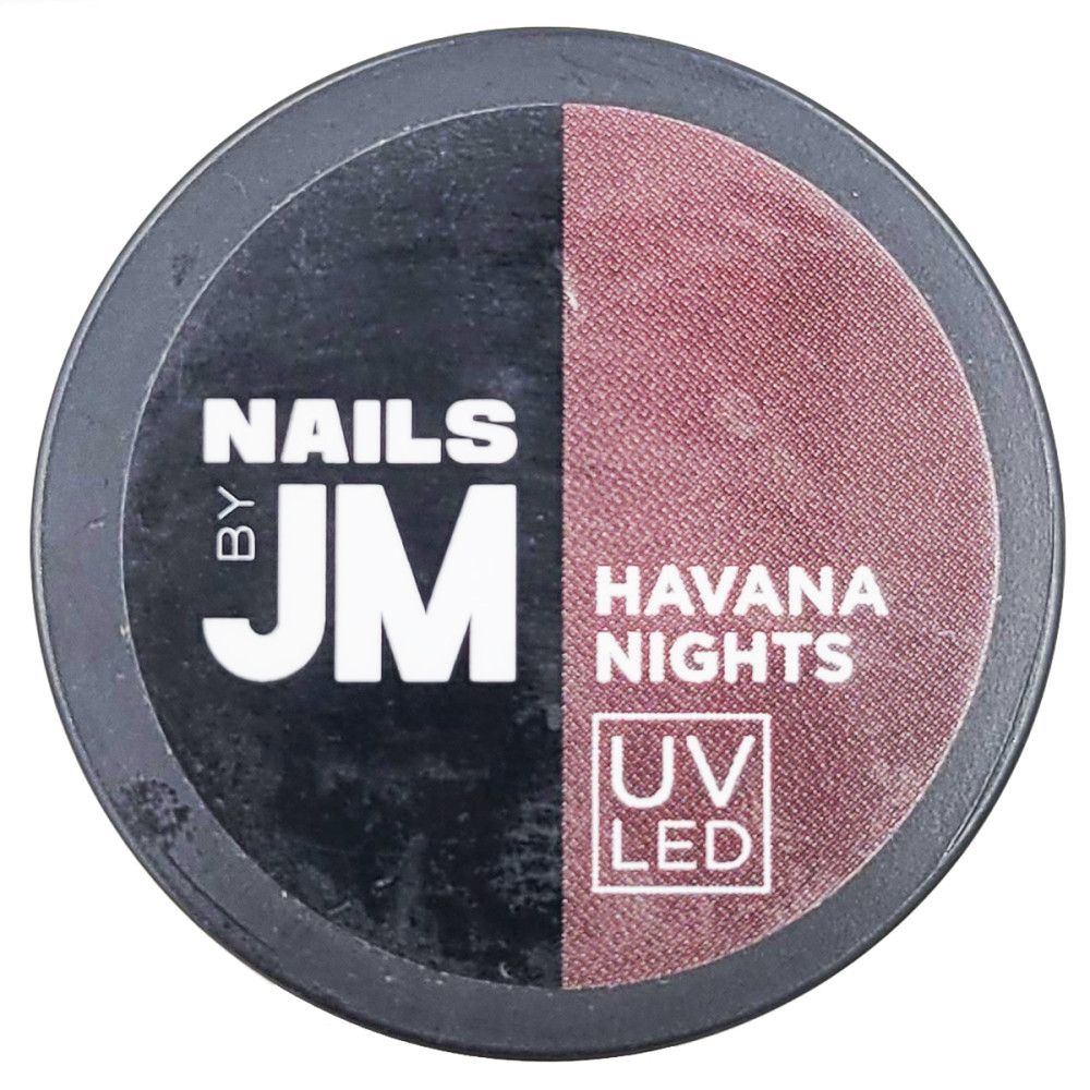 Runder Behälter, geteilt in Schwarz und Rosa. Aufschrift: NAILS BY JM, HAVANA NIGHTS, UV LED.