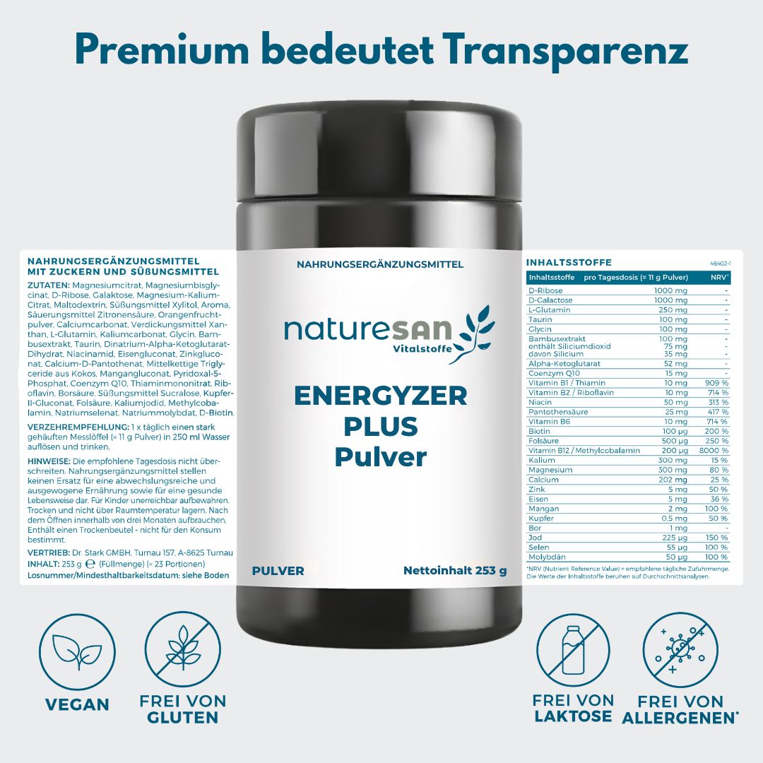 Naturesan Energyzer Plus Pulver: Nährwertangaben und Inhaltsstoffe.