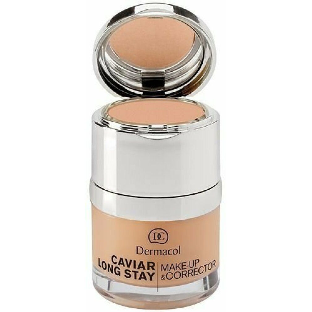 Dermacol Caviar Long Stay Make-up Corrector in einem transparenten Behälter mit silbernem Deckel und Spiegel.
