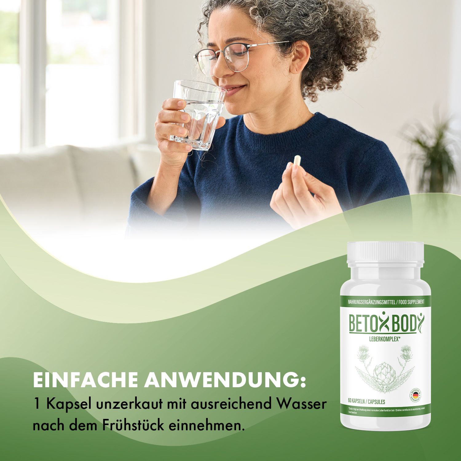 Frau trinkt Wasser und hält eine Kapsel. Daneben eine Flasche Betox Body Leberkomplex. Text: Einfache Anwendung.