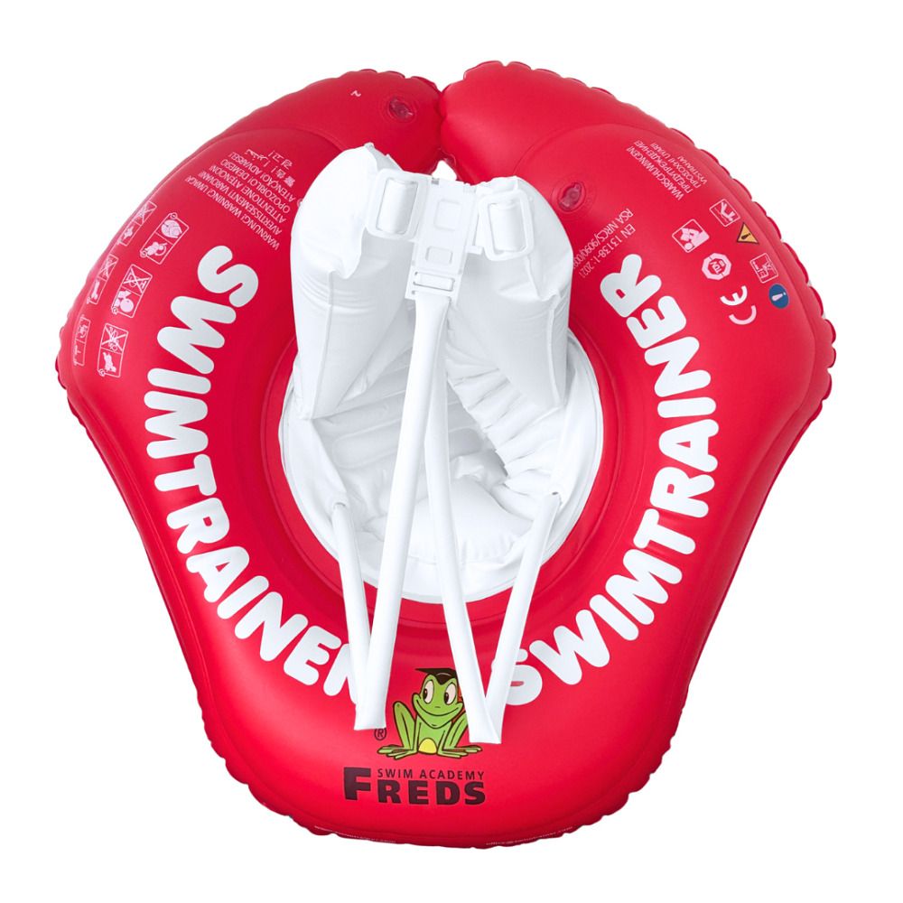 Aufblasbarer roter Schwimmring mit weißen Gurten und Frosch-Logo. Für Schwimmanfänger.
