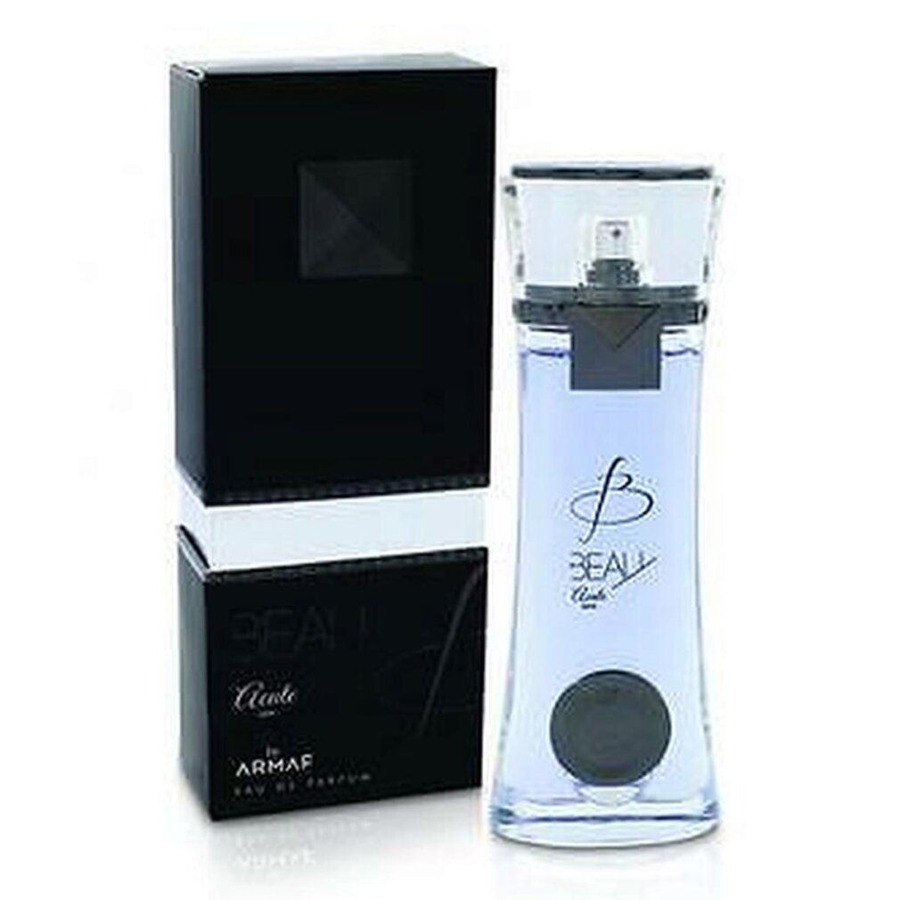 Parfümflasche und schwarze Verpackung. Flasche: Glas, hellblau. Verpackung: Schwarz. Text: Beau Acute by Armaf.