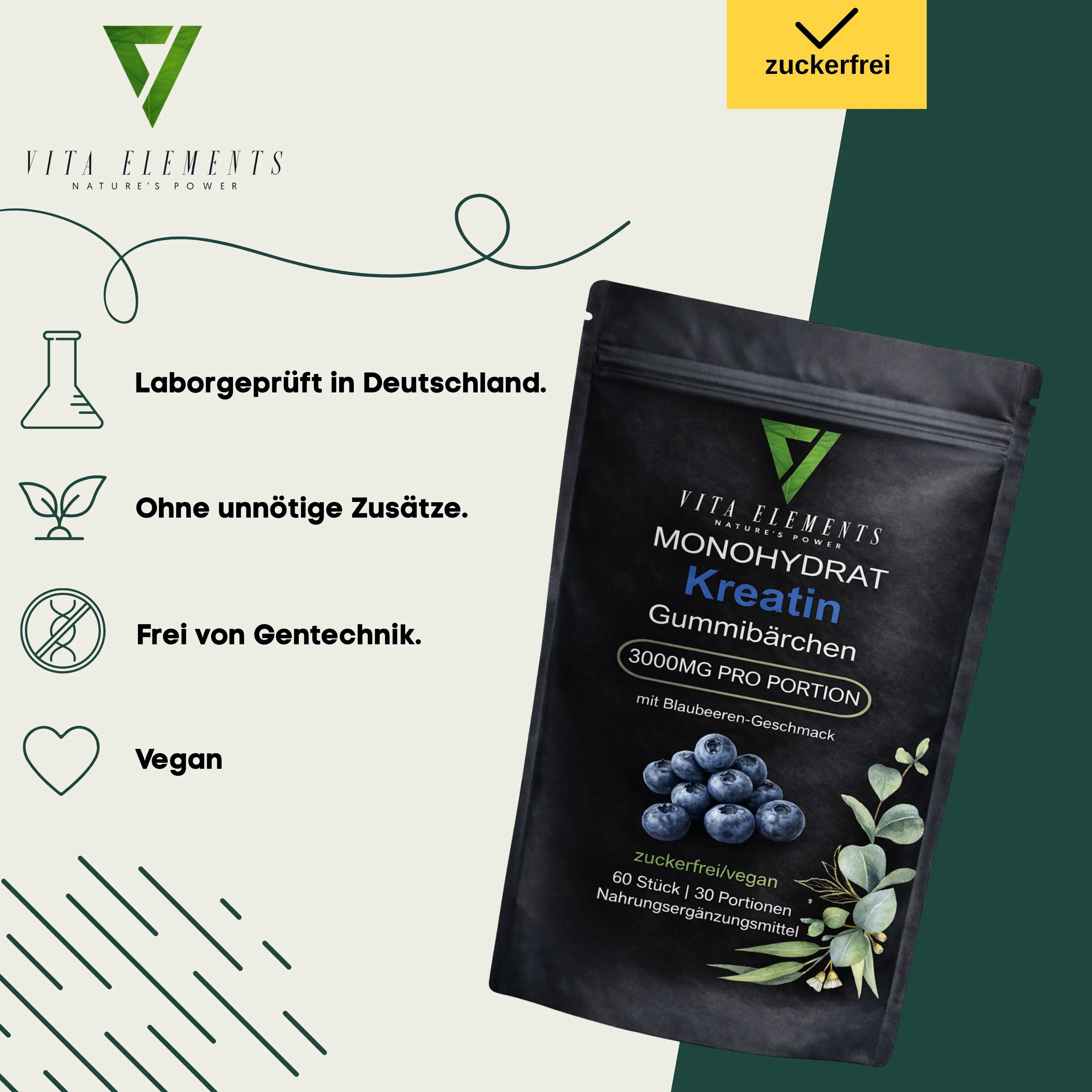 Vita Elements Kreatin Monohydrat Gummibärchen Verpackung mit Icons für Laborgeprüft, Ohne Zusätze, Frei von Gentechnik, Vegan.