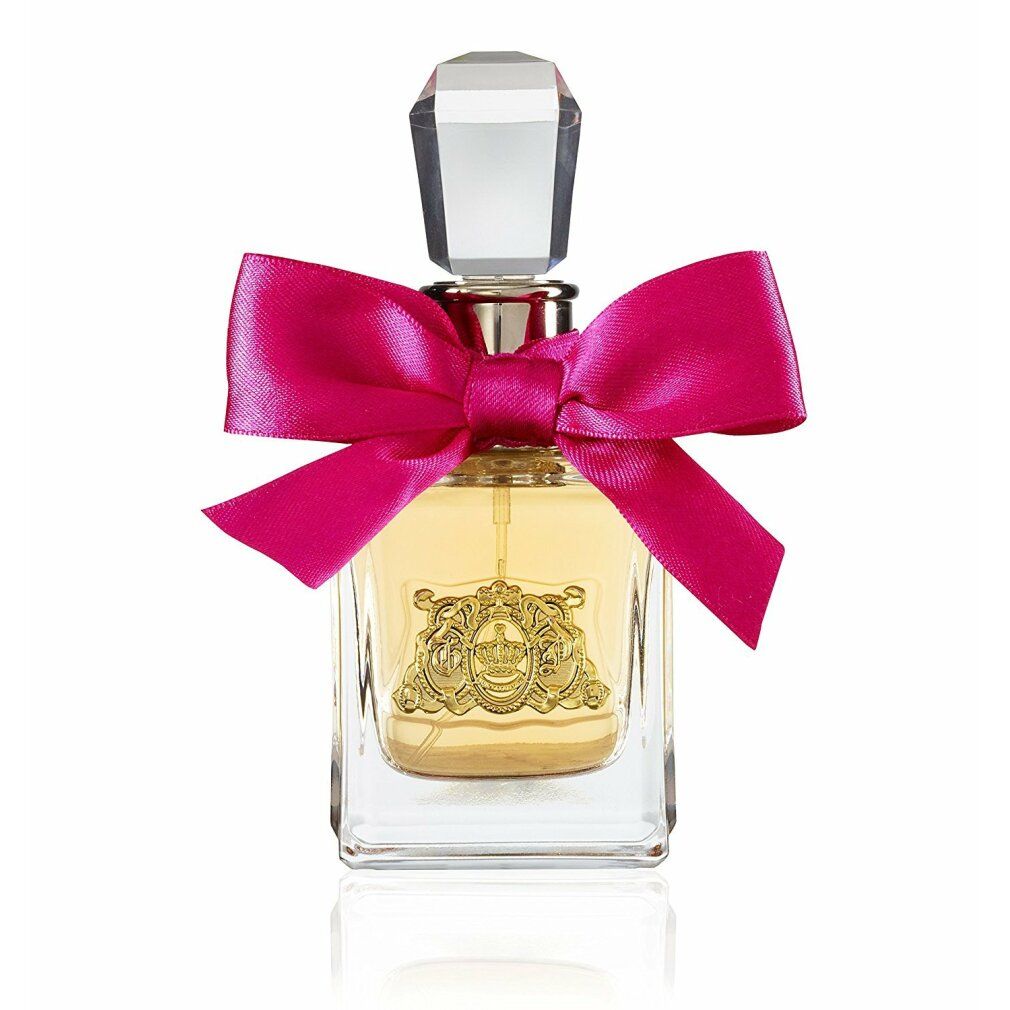 Parfümflasche mit rosa Schleife. Rechteckige Glasflasche mit goldfarbenem Emblem. Transparenter Deckel.