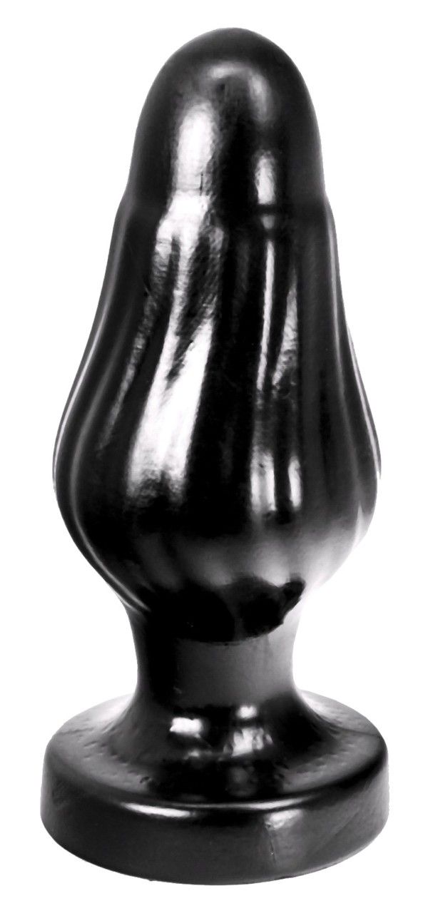 Schwarzer, tropfenförmiger Analplug mit breiter Basis. Glänzende Oberfläche mit geriffelter Textur.