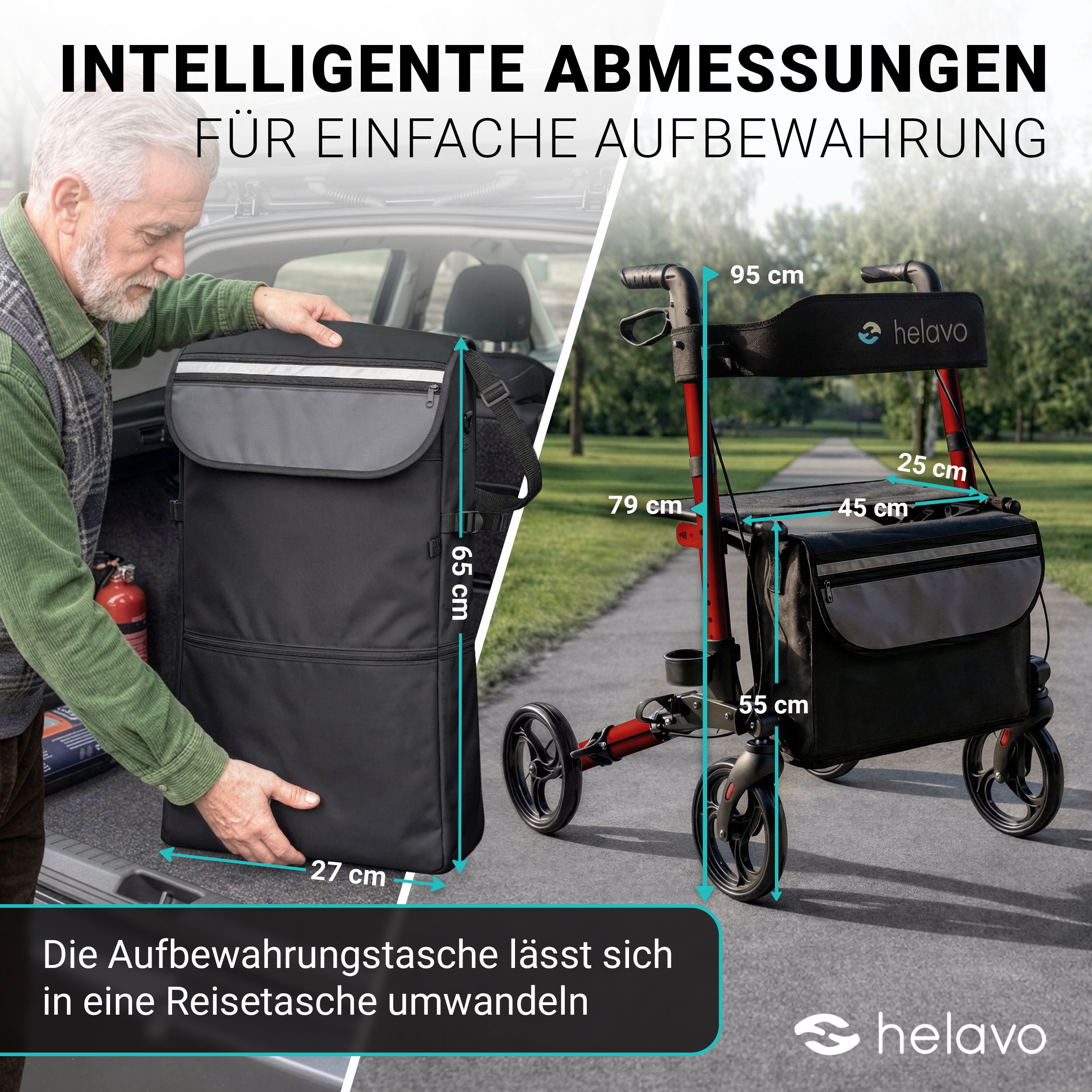Helavo Rollator und faltbare Reisetasche (65x27cm). Maße: 95x79x45x55cm.