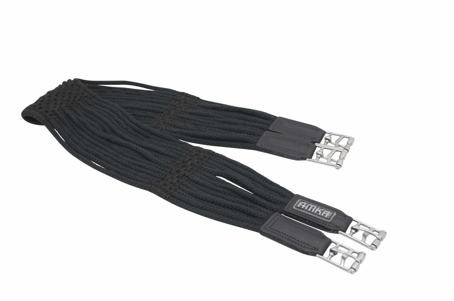 Schwarzer Schnurengurt mit Lederbesatz und Metallschnallen. AMKA-Logo sichtbar.