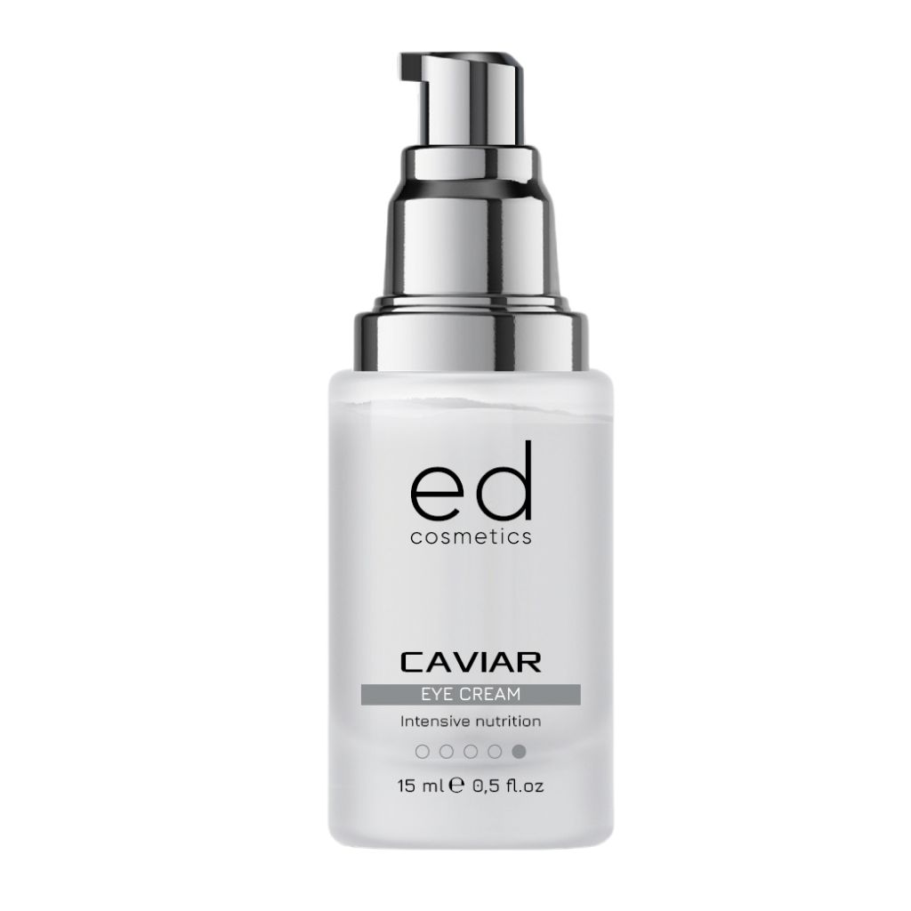 Augencreme-Flakon mit silbernem Pumpkopf. Aufschrift: ED cosmetics, Caviar Eye Cream, 15 ml.