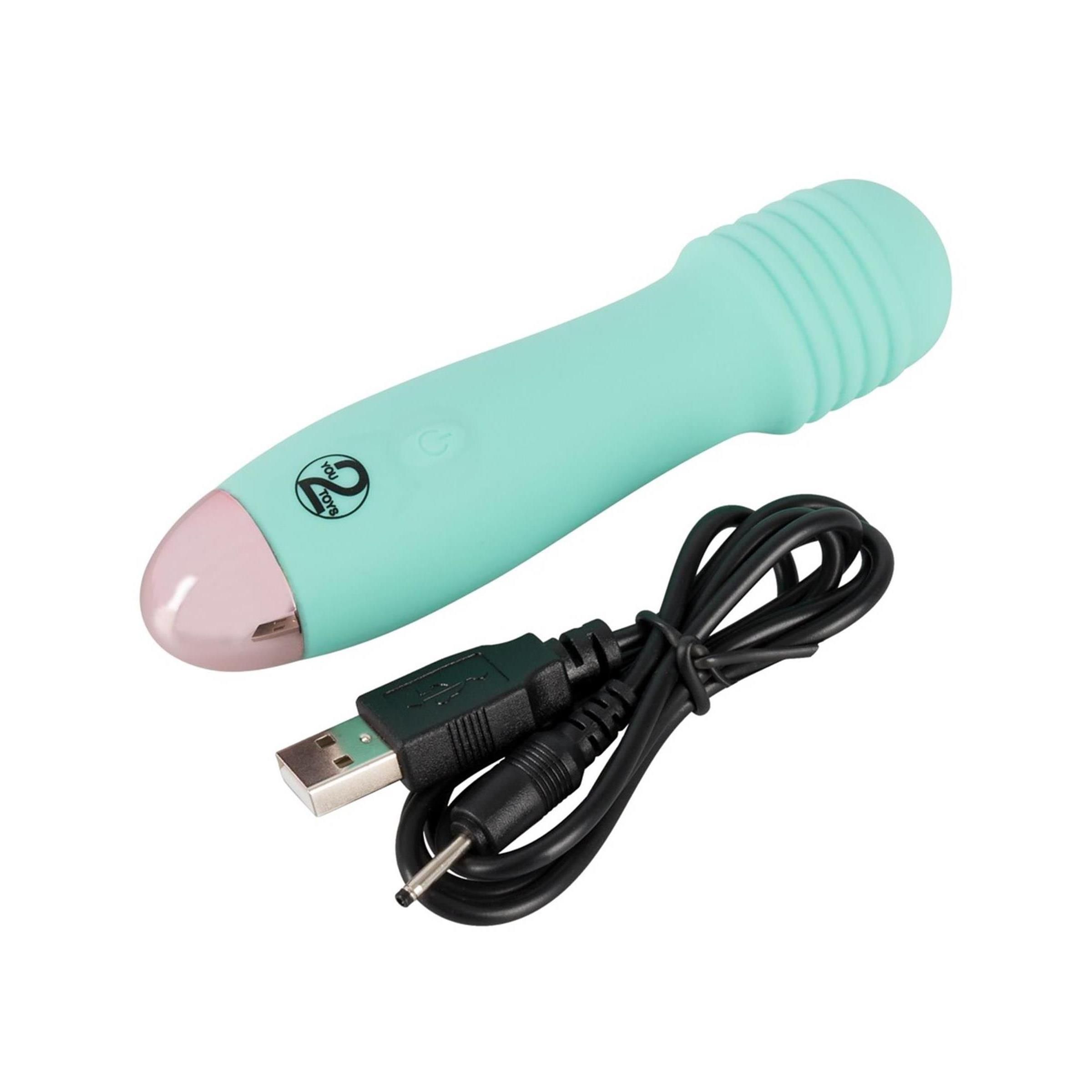 Türkisfarbener Vibrator mit USB-Ladekabel. Geriffelte Spitze, rosa Spitze. Logo 'YOU2' sichtbar.