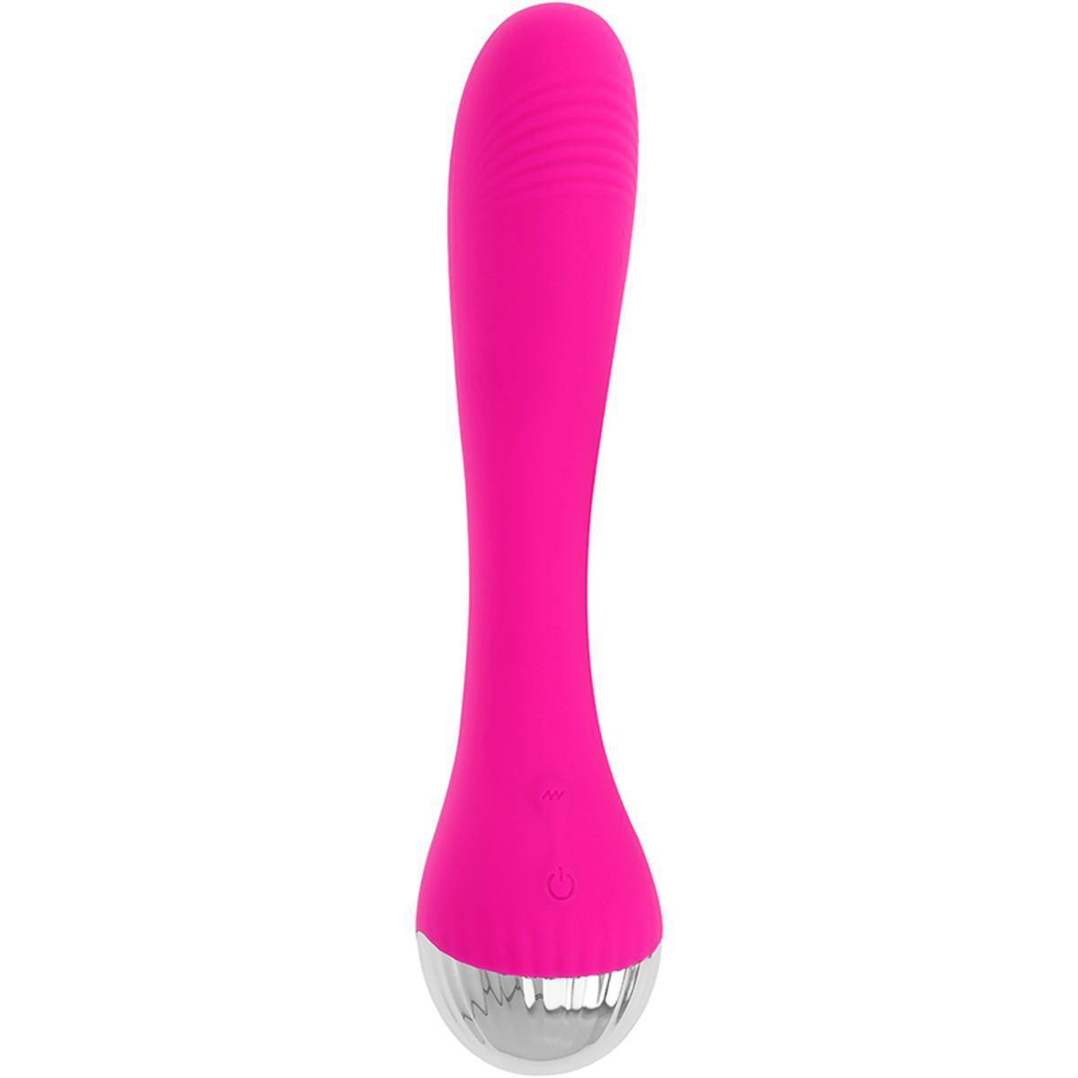Pinkfarbener Vibrator mit silberfarbenem Kopf. Power-Symbol sichtbar.