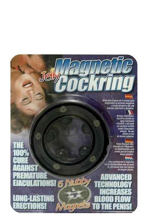 Verpackung mit Magnetic Cockring. Schwarzer Ring mit 5 Nubby-Magneten. Text: "The 100% Cure Against Premature Ejaculations!"