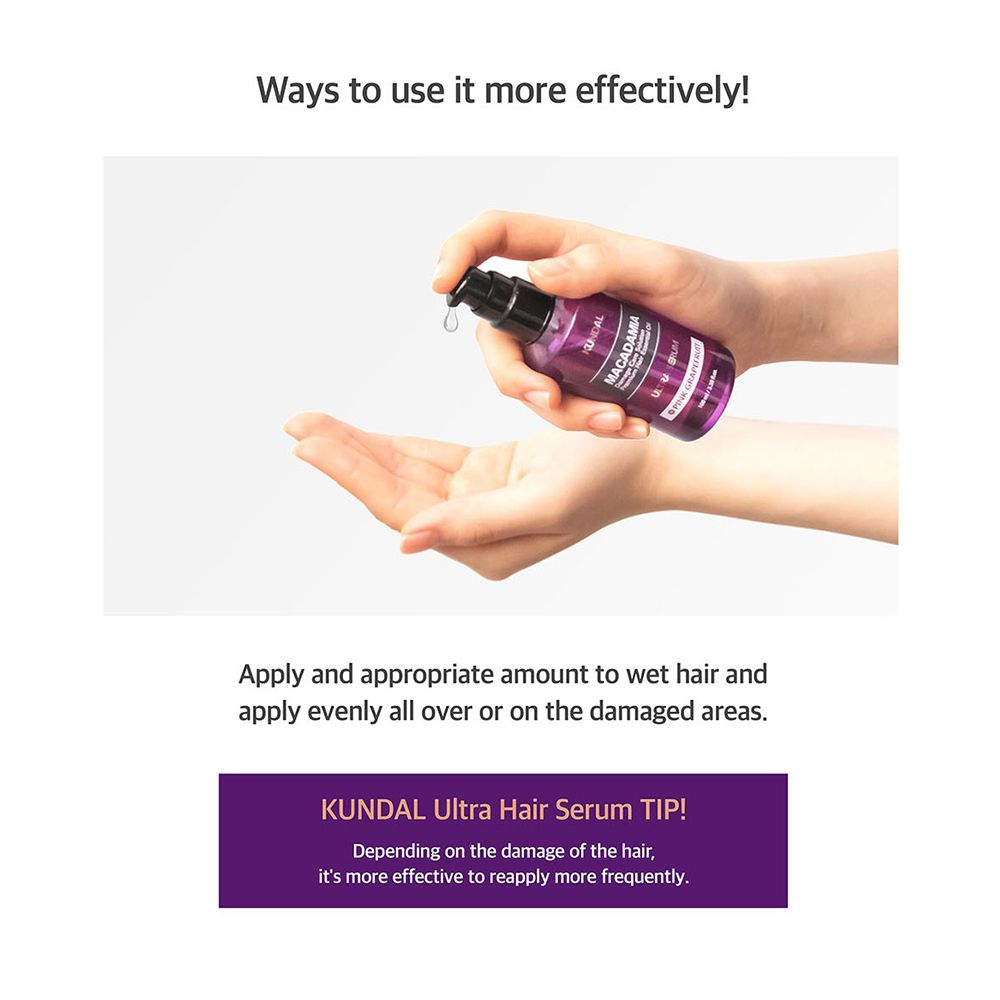 Hände halten eine Flasche. Text: KUNDAL Ultra Haarserum. Anwendungshinweis: Auf das nasse Haar auftragen.