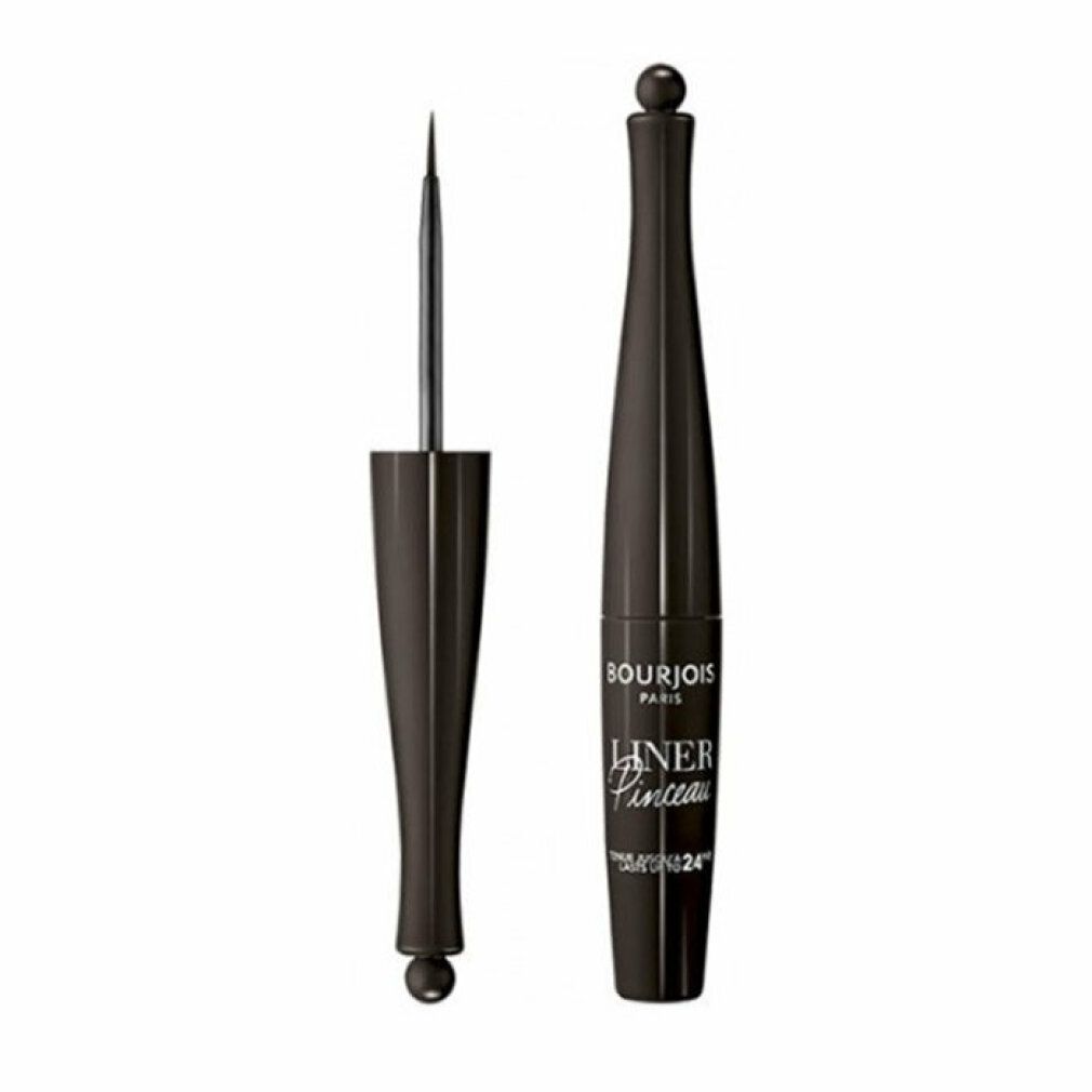 Brauner Eyeliner mit Pinsel. Flasche mit Schriftzug Bourjois Paris Liner Pinceau. Schwarze Spitze.