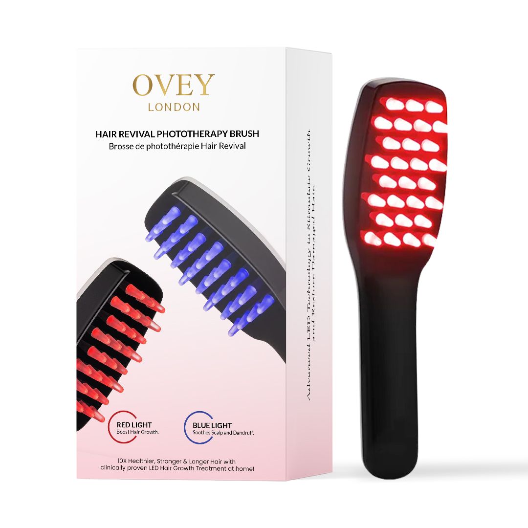 Verpackung und schwarze Haarbürste mit roten LEDs, mit blauen und roten LED-Bürsten-Abbildungen.