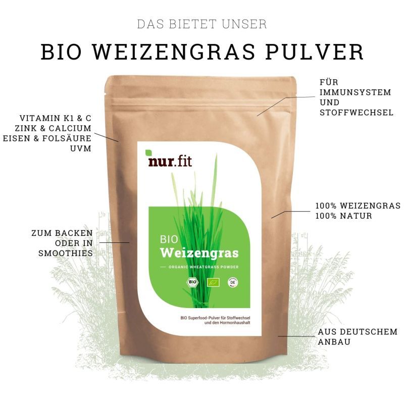 Braune Tüte mit grünem Etikett. Aufschrift: nur.fit BIO Weizengras Pulver. Zusätzliche Informationen und Bio-Siegel.