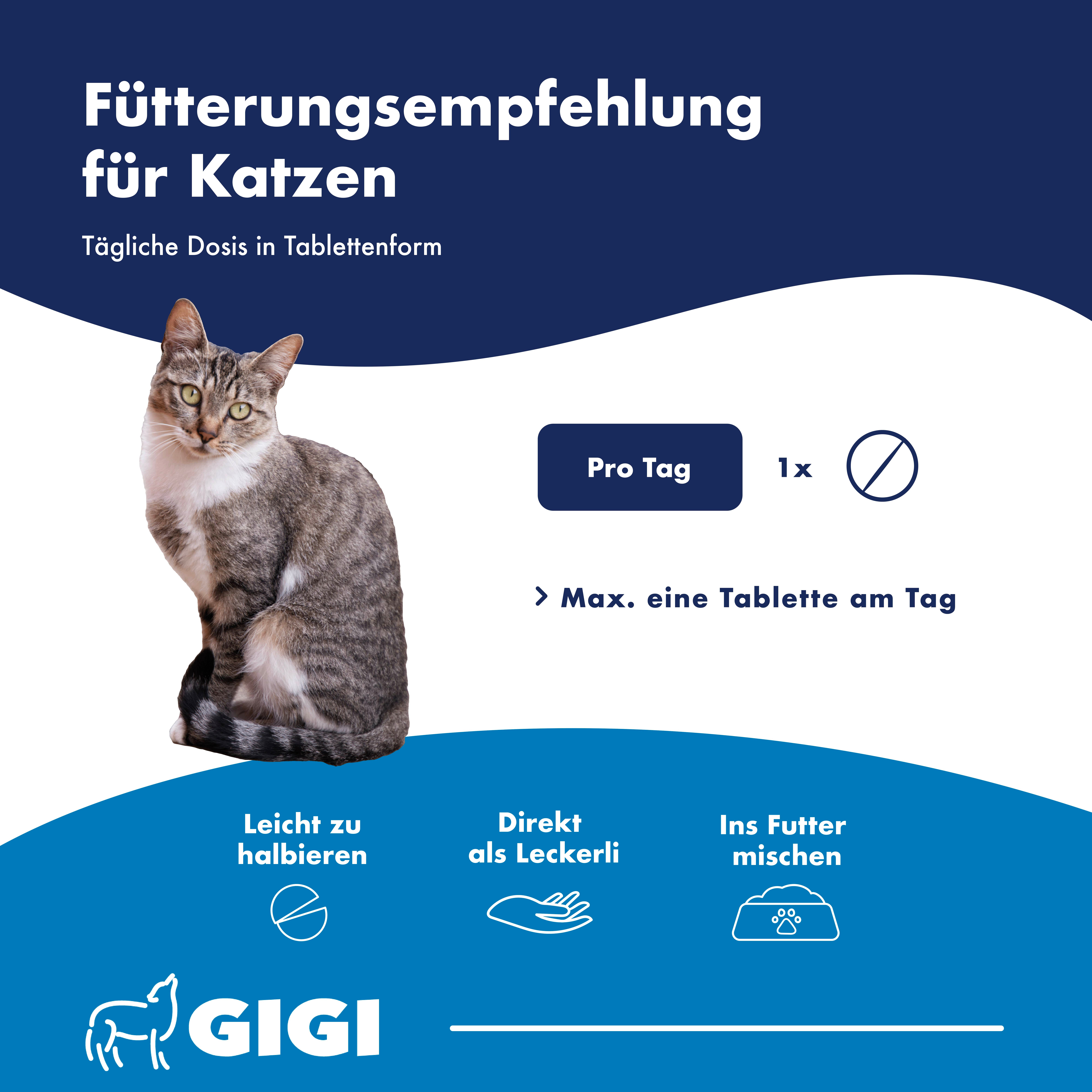 Fütterungsempfehlung für Katzen: Maximal eine Tablette pro Tag, leicht zu verabreichen.