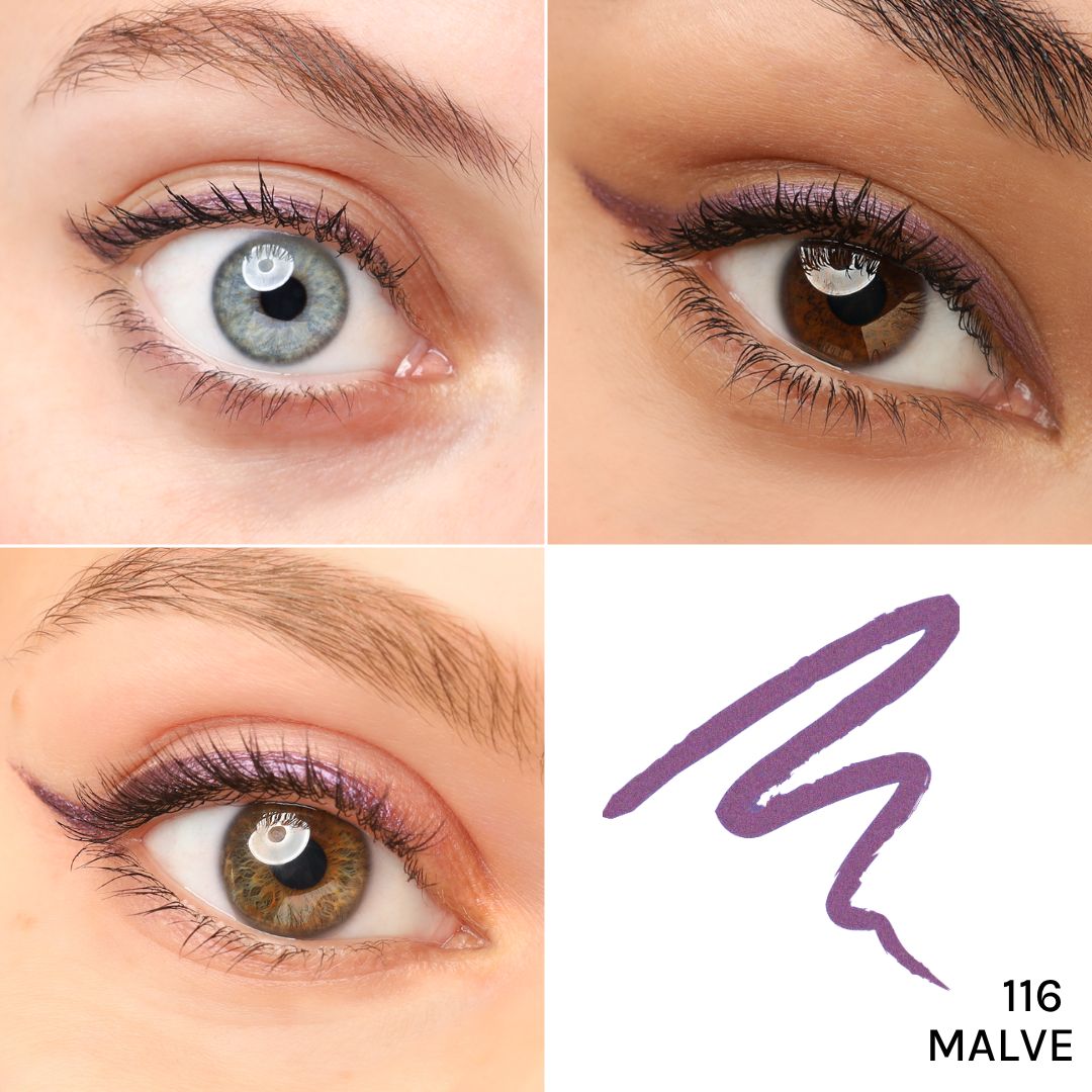 Vier Nahaufnahmen von Augen mit Kajal-Eyeliner in Malve. Der Eyeliner ist auf den Augenlidern aufgetragen. Aufschrift: 116 Malve.