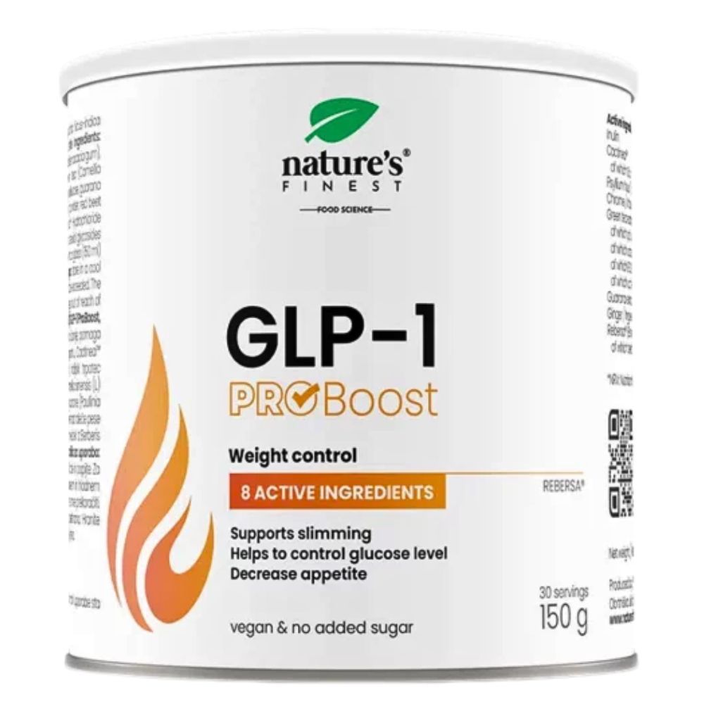 Weißes Dose mit Produktbezeichnung GLP-1 ProBoost. Enthält 150g, 30 Portionen. Text: Weight control, 8 active ingredients, vegan & no added sugar.