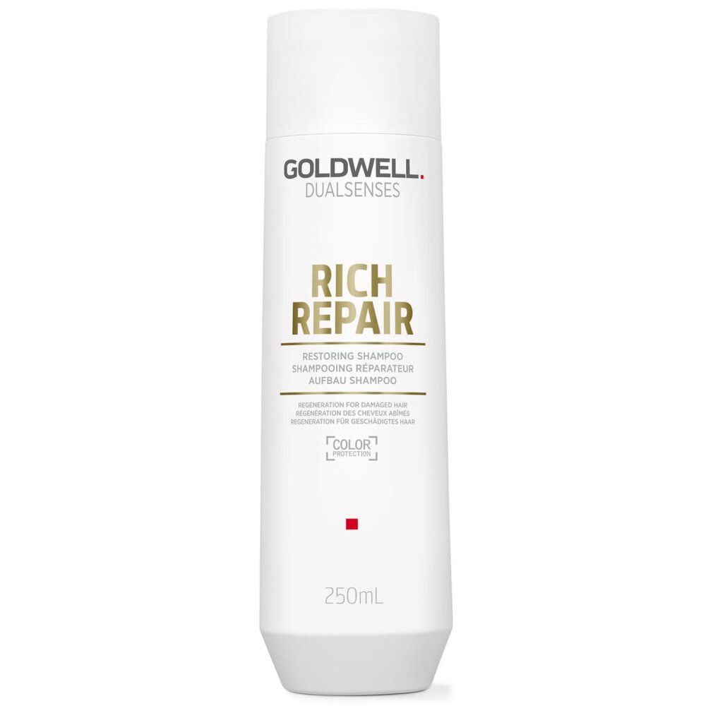 Weiße Flasche Goldwell Rich Repair Shampoo. Text: Restoring Shampoo, 250ml. Farb-Schutz-Logo. Auf weißem Hintergrund.