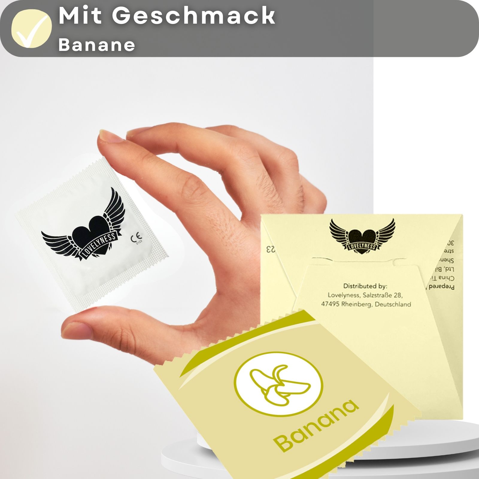 Kondom-Verpackung, Bananengeschmack, einzeln verpackt, Kondom-Verpackung mit Logo.