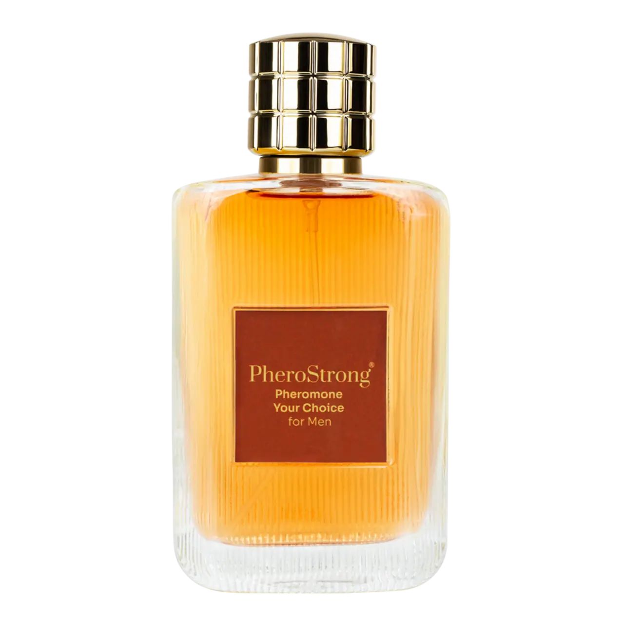 Parfümflasche mit goldfarbenem Verschluss. Auf dem Etikett steht PheroStrong Pheromone Your Choice für Männer.