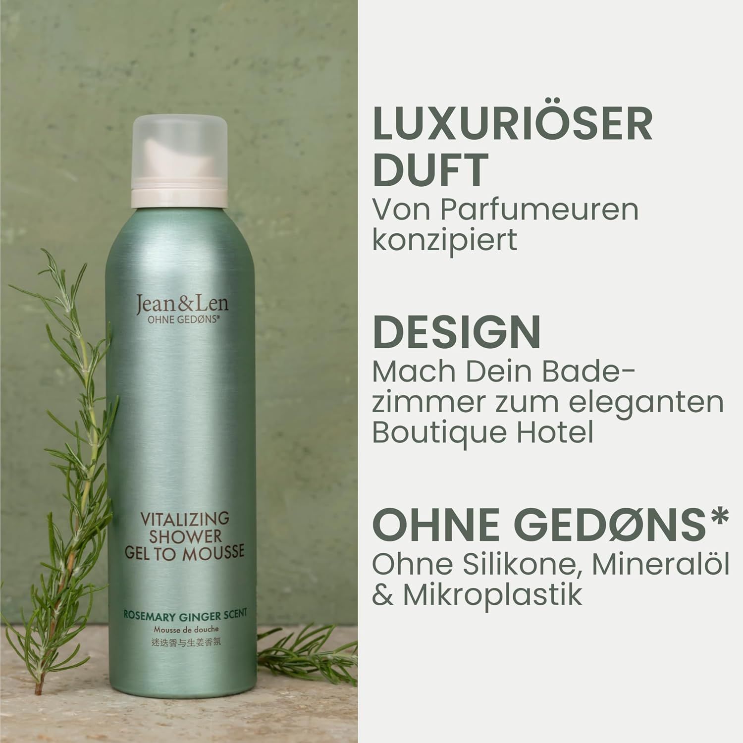 Grüne Sprühflasche mit weißem Deckel. Text: Jean & Len, Vitalizing Shower Gel to Mousse, Rosmarin & Ingwer. Textabschnitte.