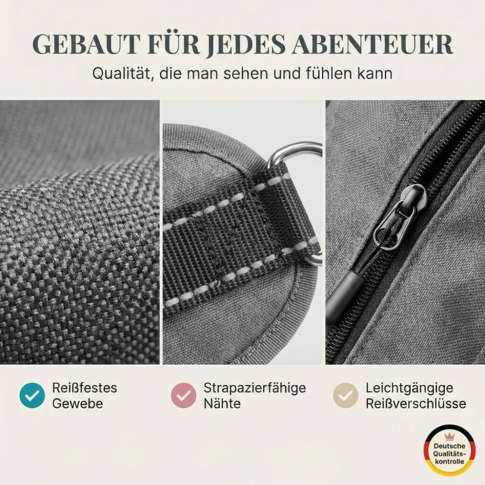 Nahaufnahme von grauem Stoff, Reißverschluss und Nähten. Text: Reißfestes Gewebe, strapazierfähige Nähte, leichtgängige Reißverschlüsse.