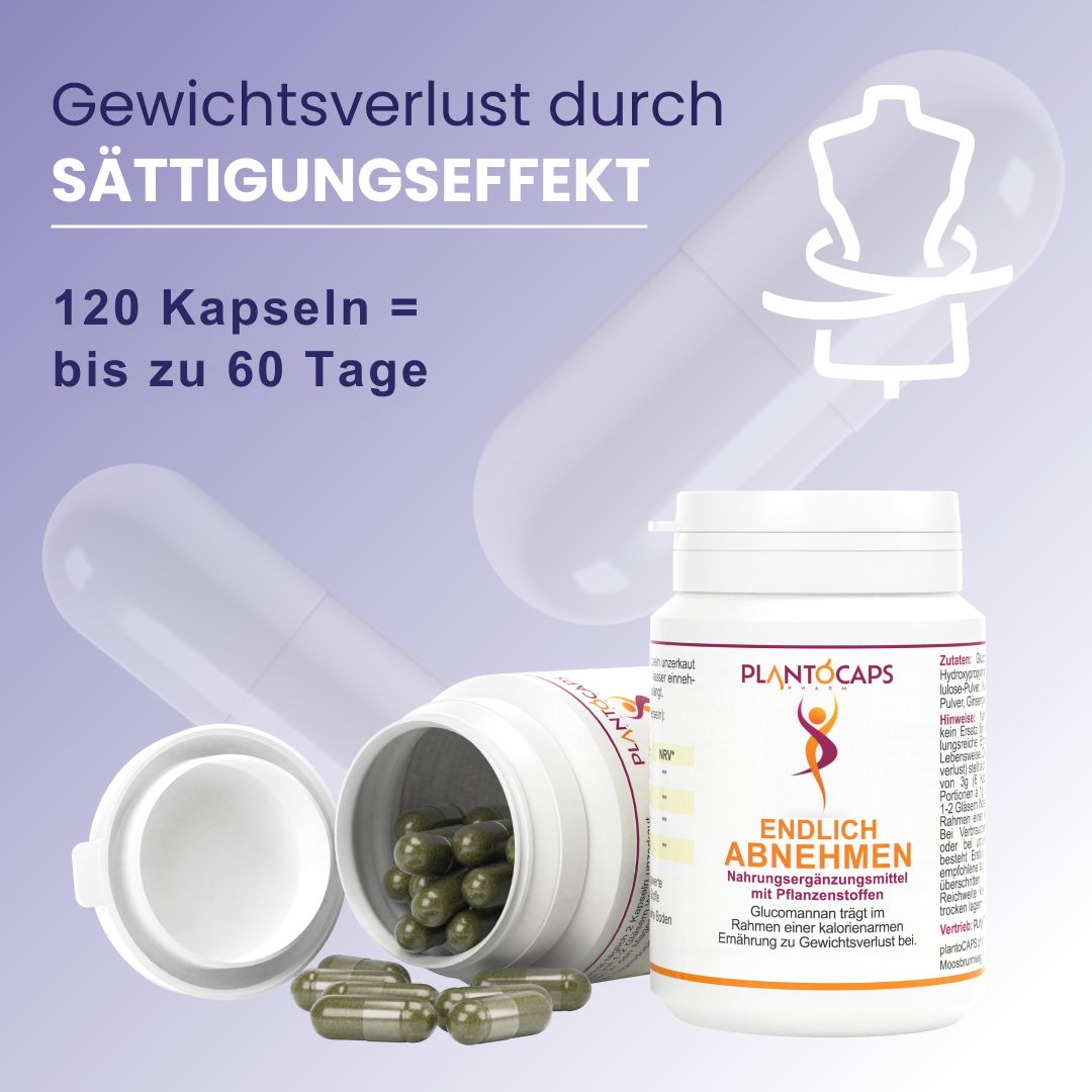 Produktabbildung mit Kapseln und Flasche. Text: Gewichtsverlust durch Sättigungseffekt. 120 Kapseln = bis zu 60 Tage.